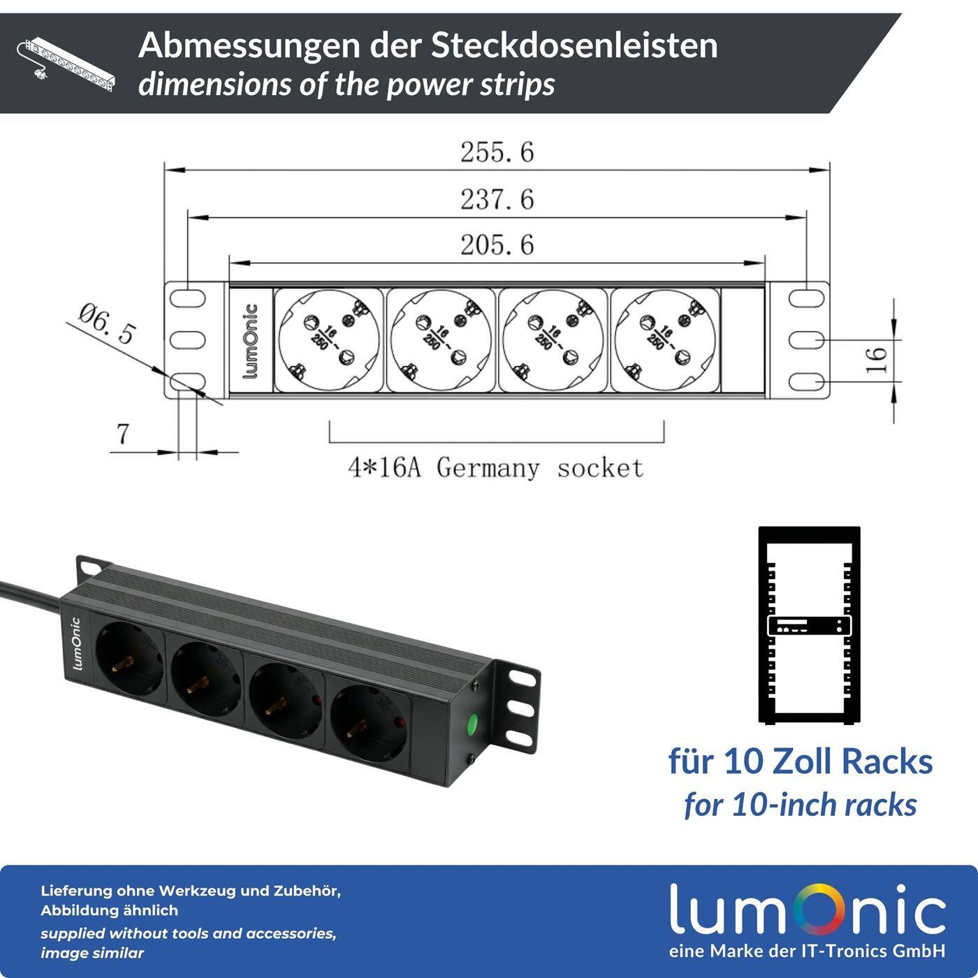 Lumonic 10" socket strip | PDU 4-fold | without switch | 1U, aluminum alloy, black | 2m connection cable 3G1.5 | 45° Schuko socket outlet | short term max. 3680W | Rack, server cabinet