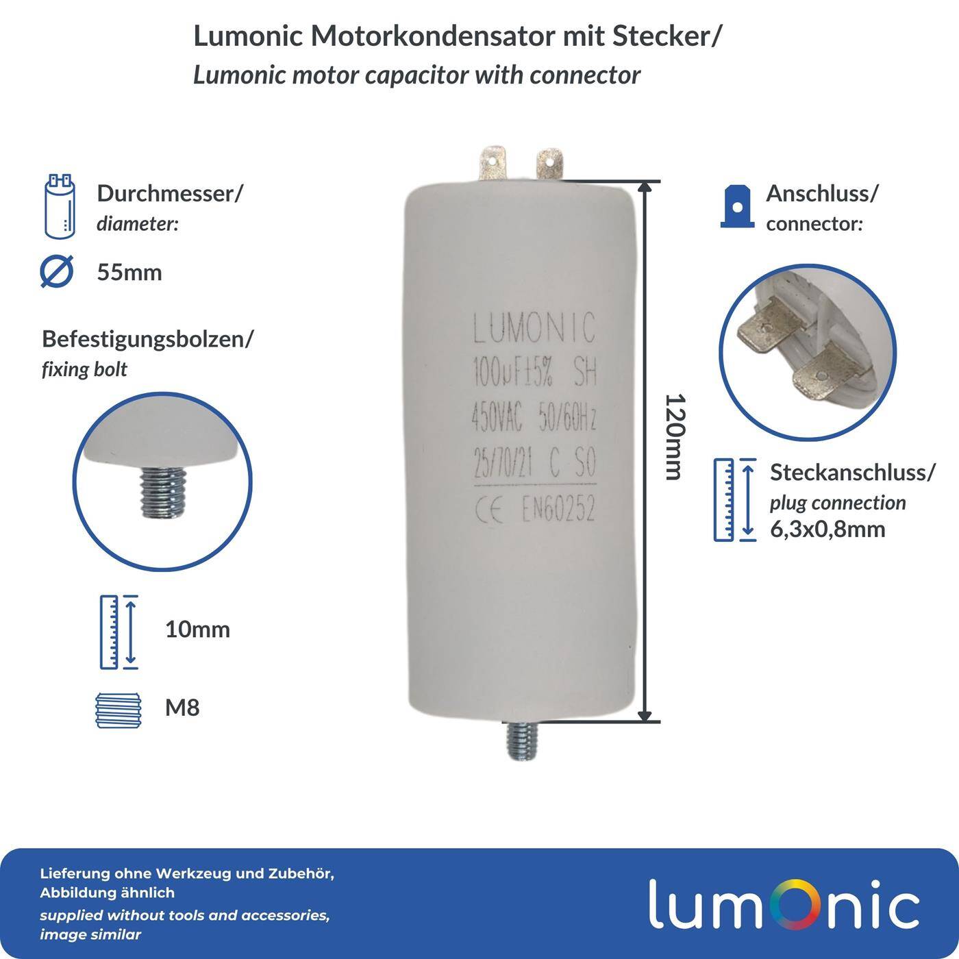 Lumonic Starting capacitor 100µF 450V | with Plug I 55x120mm I 100uF I Motor capacitor with plastic housing I Operating capacitor I for pumps, lawn mowers, tools