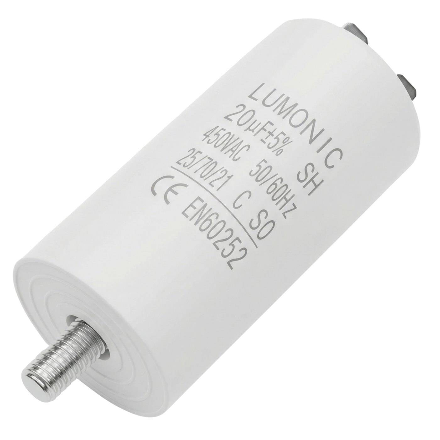 Lumonic Anlaufkondensator 20µF 450V | mit Stecker I 38x75mm I 20uF I Motorkondensator mit Kunststoffgehäuse I Betriebskondensator I für Pumpen, Rasenmäher, Werkzeuge