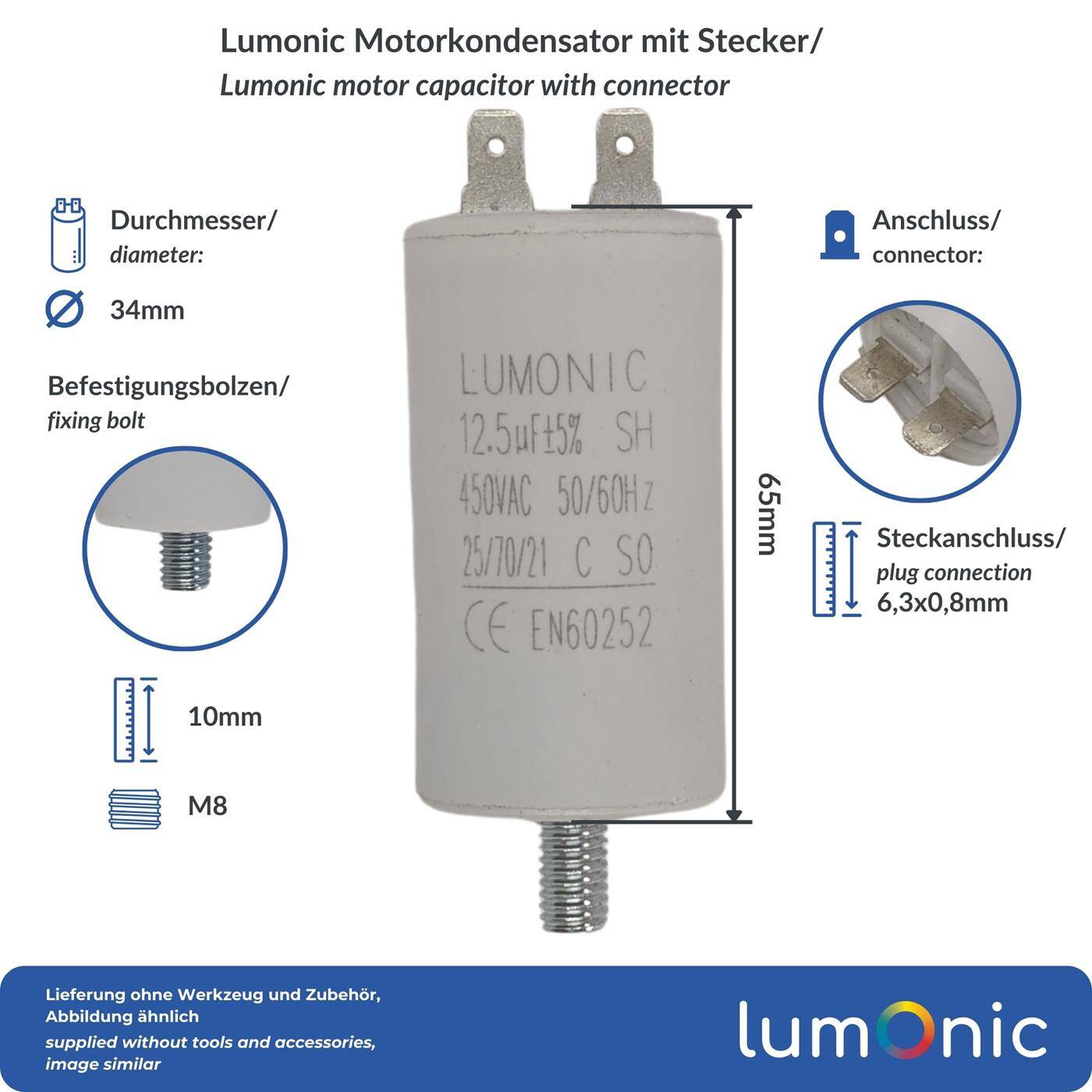 Lumonic Anlaufkondensator 12,5µF 450V | mit Stecker I 34x65mm I 12,5uF I Motorkondensator mit Kunststoffgehäuse I Betriebskondensator I für Pumpen, Rasenmäher, Werkzeuge