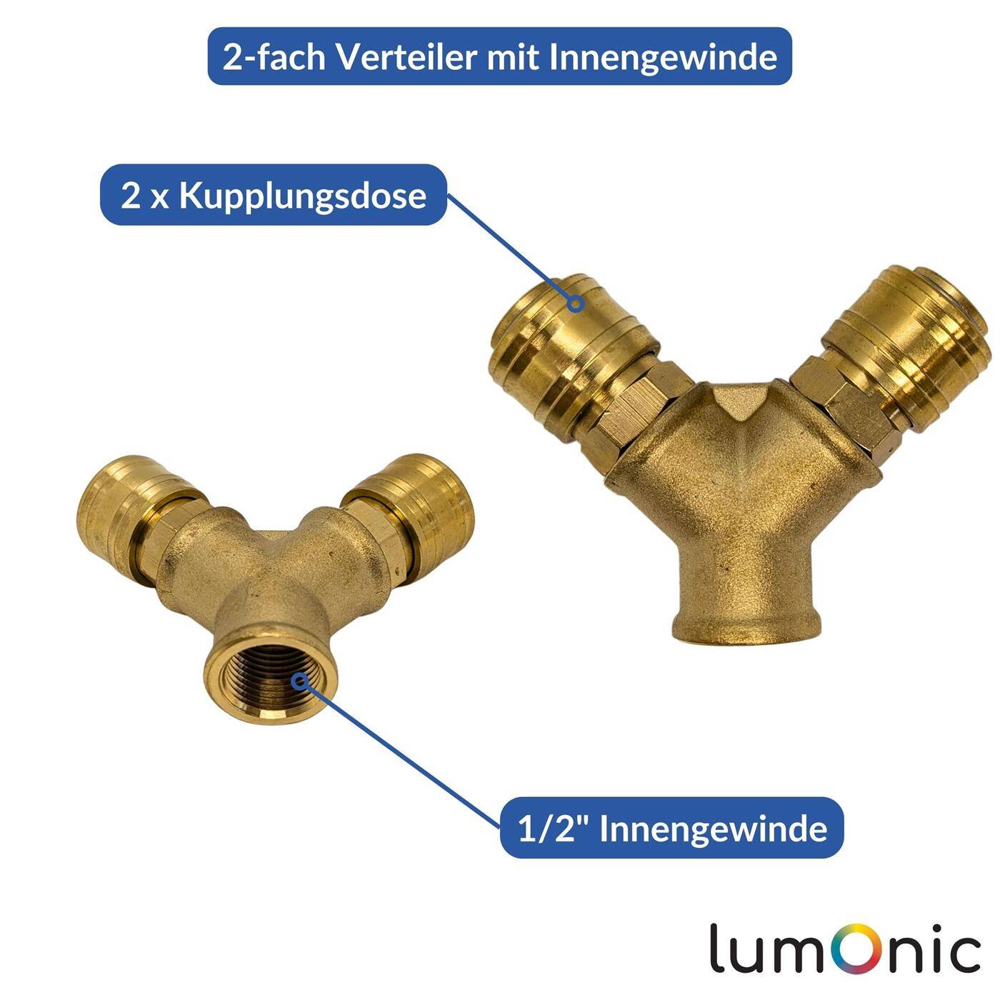 Lumonic I Compressed air distributor 2-fold I with internal thread 1/2" I made of brass I Compressed air distributor I Compressed air diverter I Quick coupling I Multiple distributor I for workshops, businesses and DIY enthusiasts
