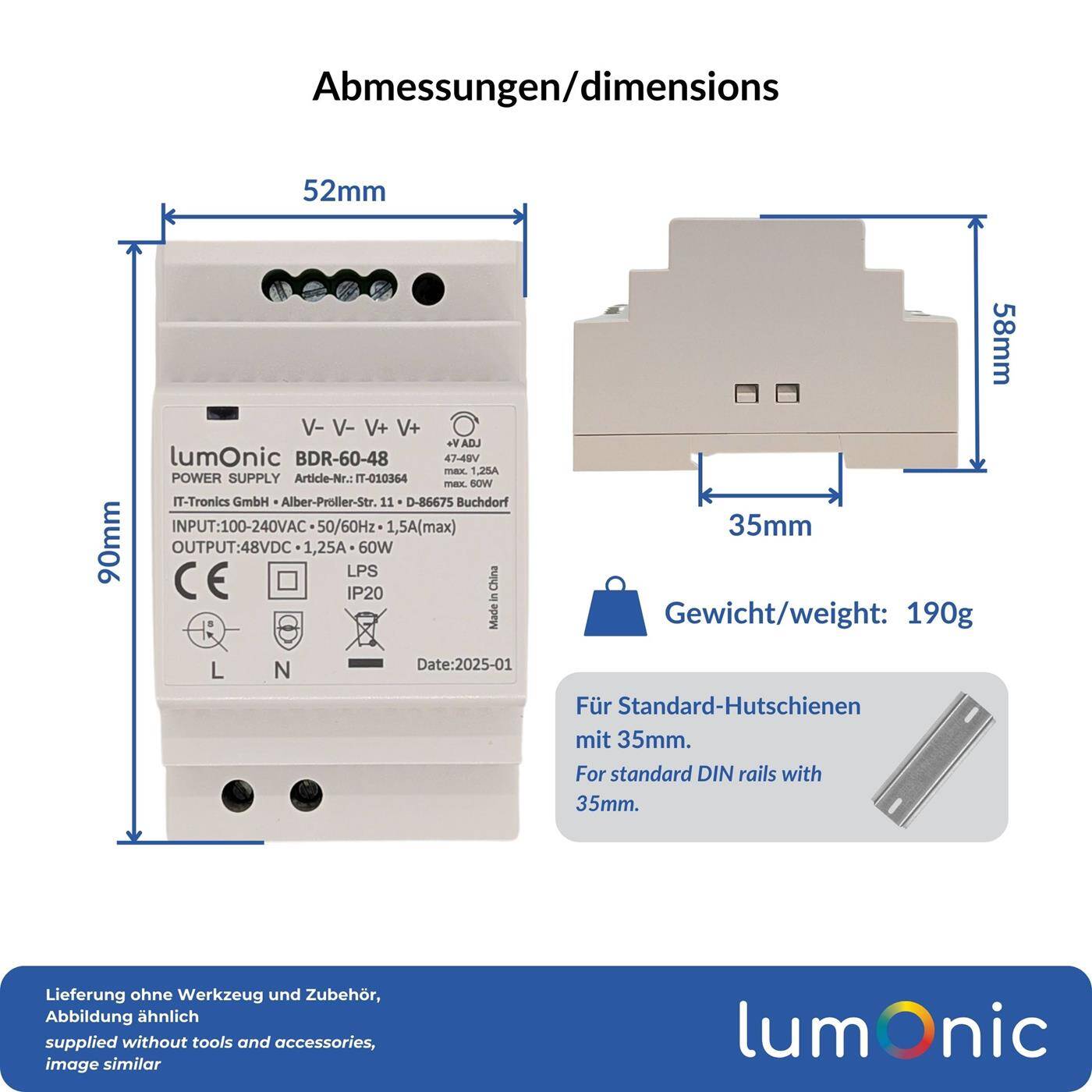 Lumonic I Netzteil Hutschiene BDR-60-48 I 48V / 60W I Input 100-240VAC I Überlastschutz & kurzschlussfest I DIN-Rail Schaltnetzteil I Schaltschrank & Verteilerkasten