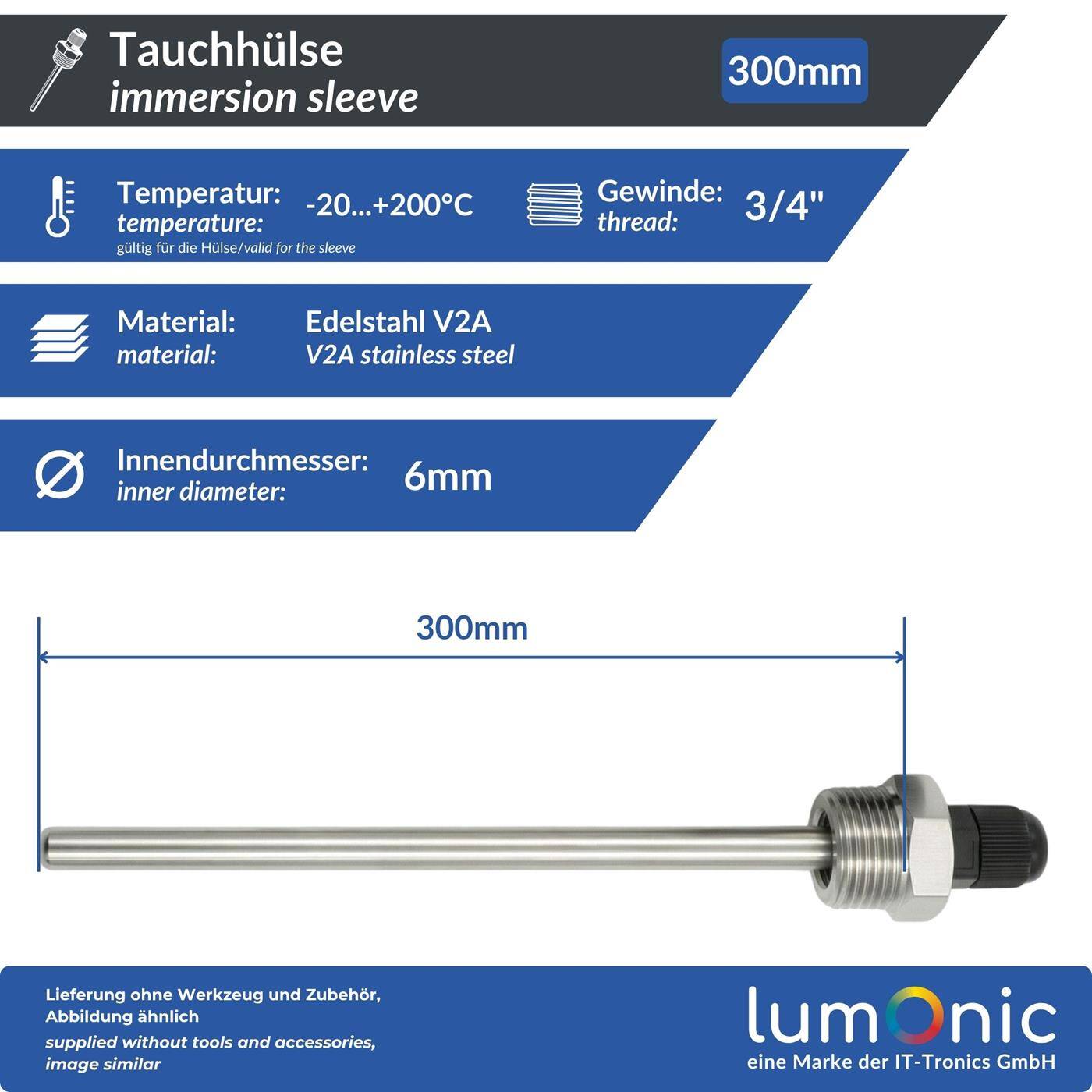 Lumonic Set of 2 immersion sleeves V2A stainless steel 3/4 inch | 300mm Installation length | Perfect fit for 6mm temperature sensors | for buffer storage, heating, solar + smart home