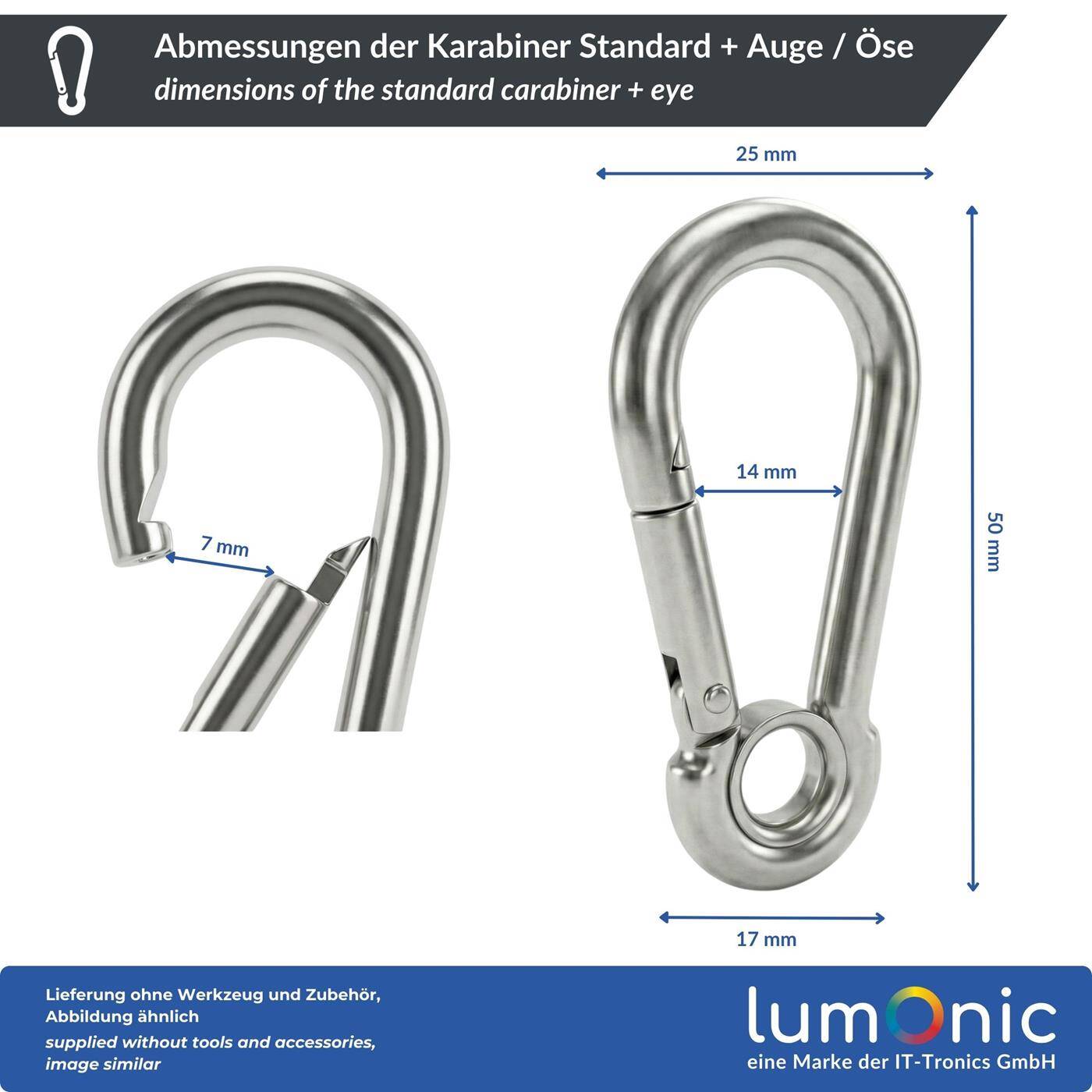 Lumonic Carabiner with eye V4A stainless steel | 5x50mm | Stainless + seawater resistant | Prevents annoying twisting | for awnings, hammocks, dogs, camping