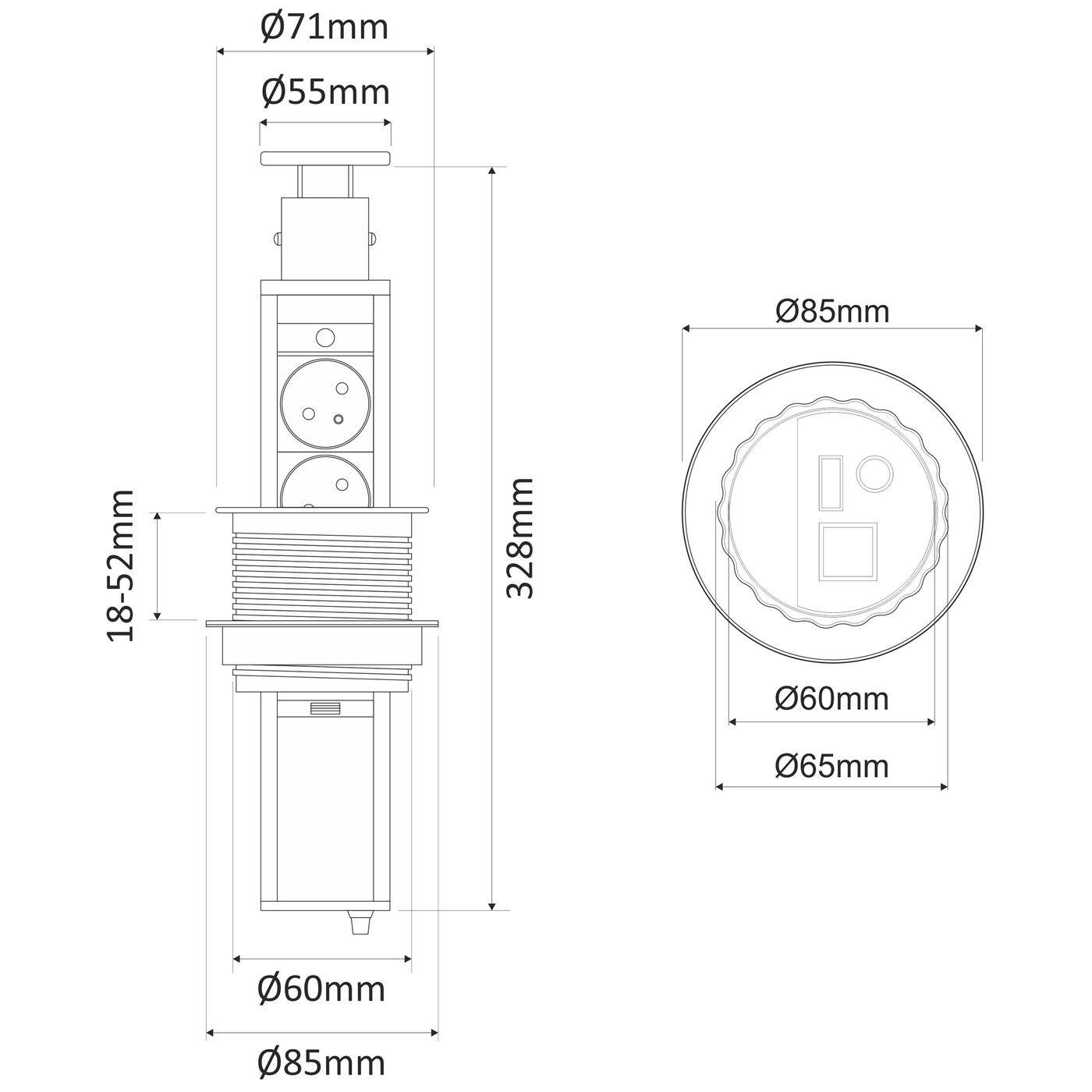 LiftBox 3x Schuko Steckdose + 2x USB 2,4A Tischsteckdose 107mm Edelstahl