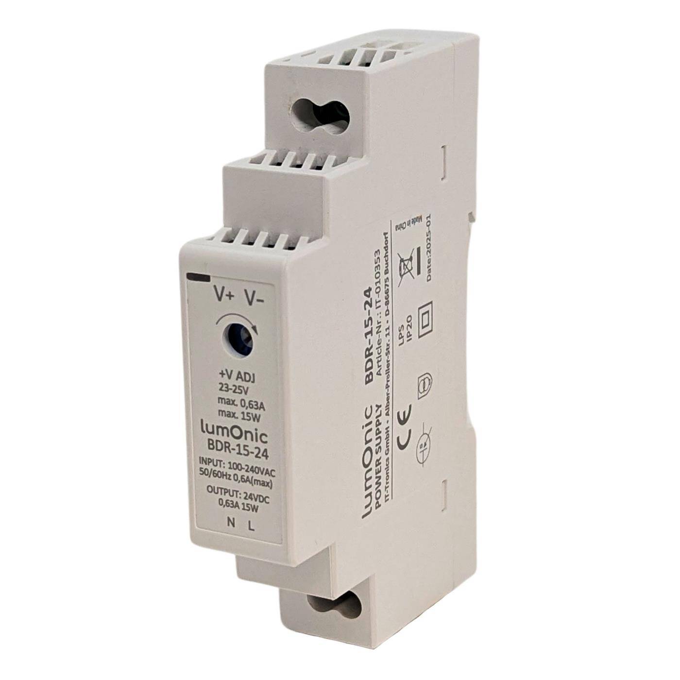 Lumonic I Top-hat rail power supply unit BDR-15-24 I 24V / 15W I Input 100-240VAC I Overload protection I DIN-Rail switching power supply I Switch cabinet