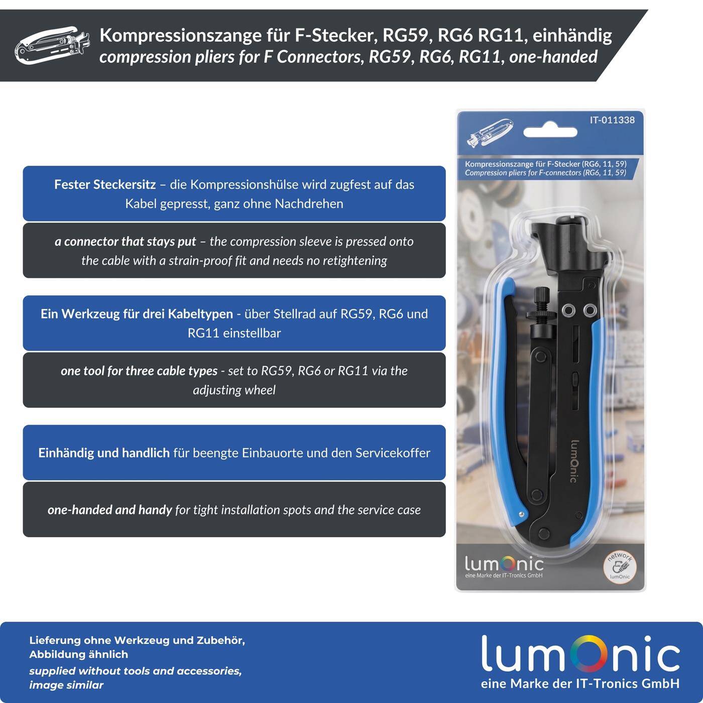 Lumonic Compression Pliers for F Connectors, RG59, RG6, RG11, One-Handed - Adjustment Wheel for RG59, RG6, and RG11, Axial Compression, Metal, for Coaxial Cables, Satellite Cables, and Antenna Outlets