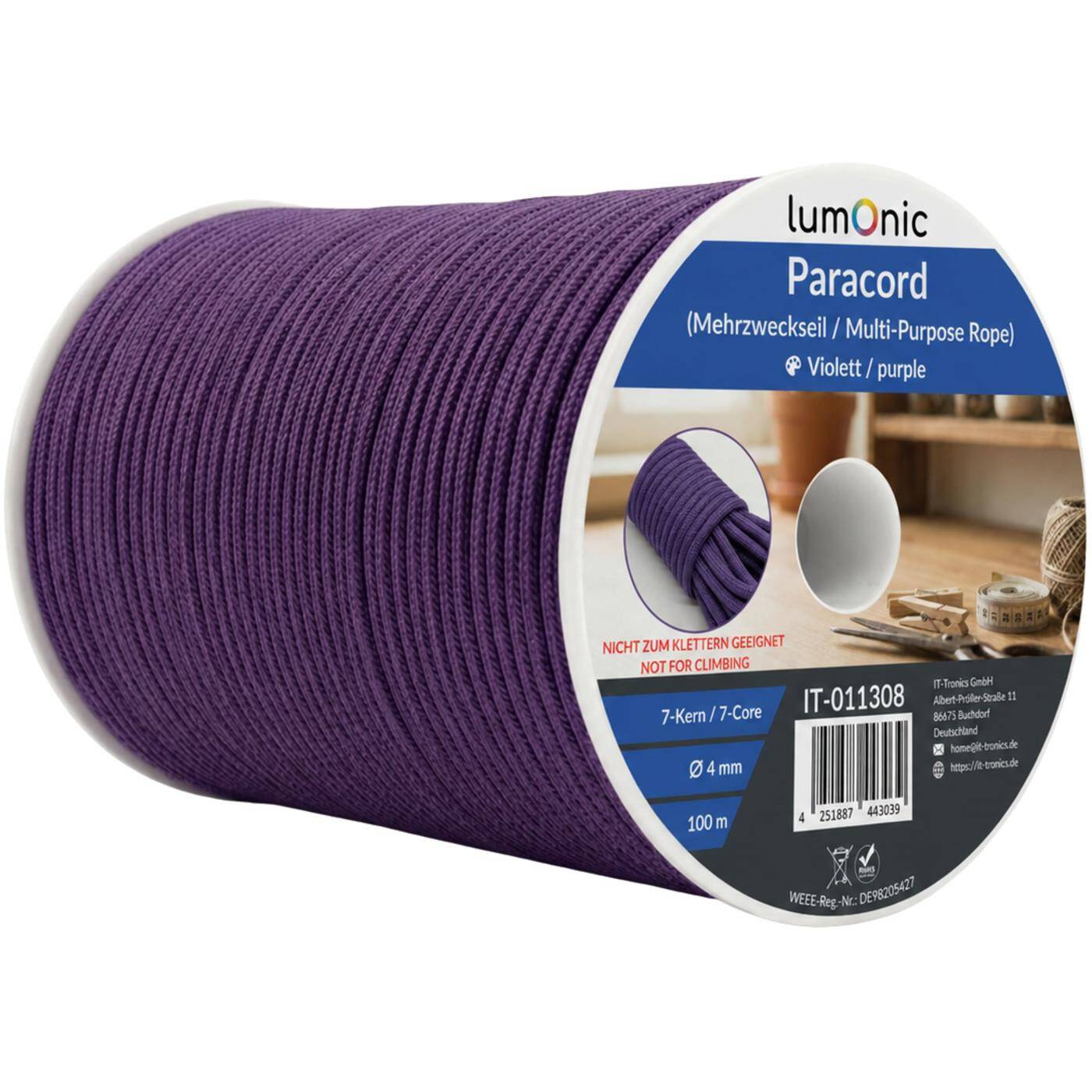Lumonic 100m Paracord 4mm Violet | 100% nylon | 7 cores, 32 strand sheath | Max. 125 kg load capacity | dog leash, bracelet, outdoor, bushcraft, tent cord