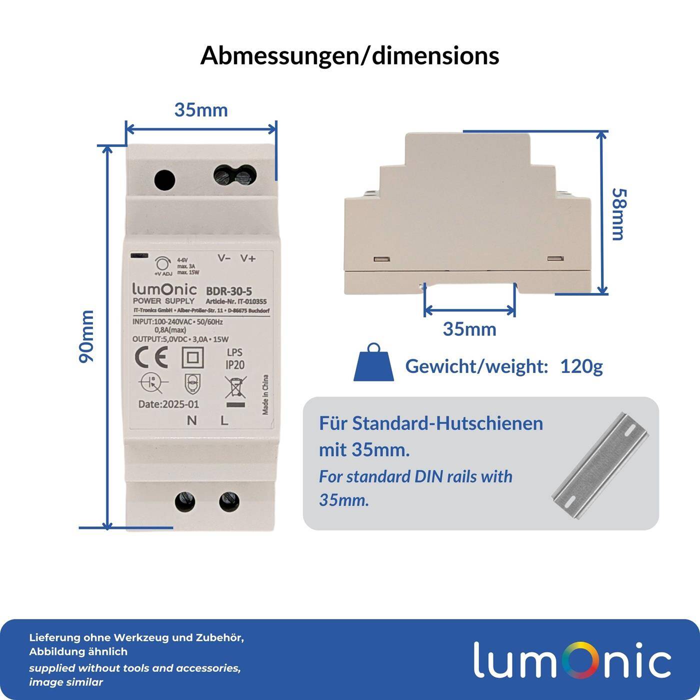 Lumonic I Netzteil Hutschiene BDR-30-5 I 5V / 15W I Input 100-240VAC I Überlastschutz & kurzschlussfest I DIN-Rail Schaltnetzteil I Schaltschrank & Verteilerkasten
