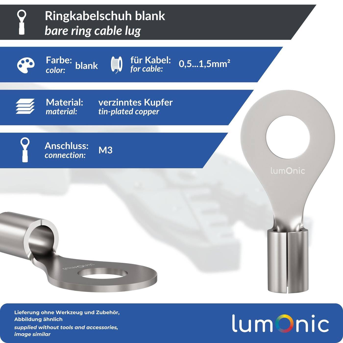Lumonic 25x Ringkabelschuh 0,5-1,5mm² blank | M3 | Kupfer verzinnt | sichere Kabelverbindung ohne Löten | Crimp-Kabelschuh unisoliert | KFZ, Maschinenbau, Wohnmobil, Batterie