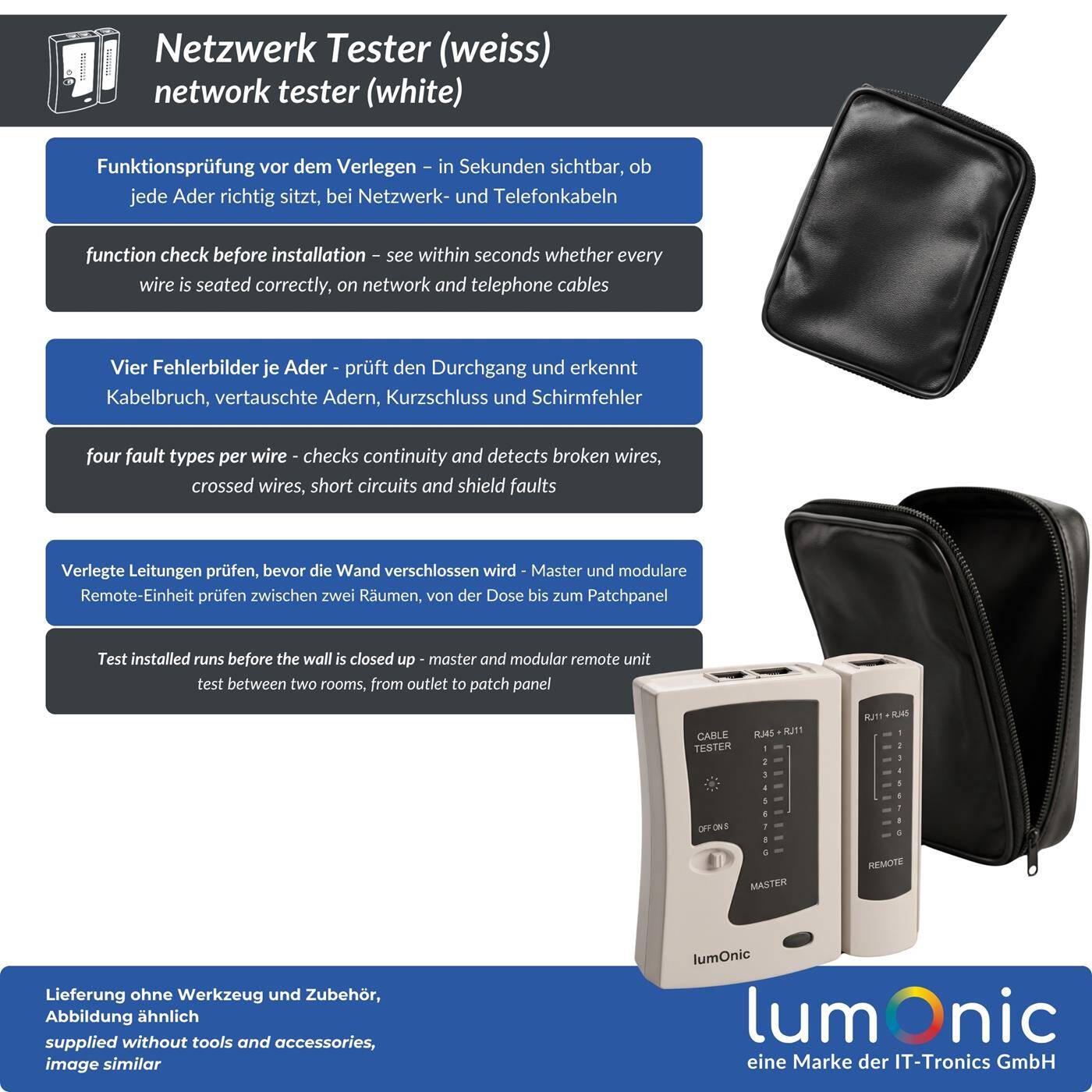 Lumonic Network tester with remote unit for RJ45 and RJ11, white - Master and remote units for Ethernet cables, RJ45 and RJ11, continuity tester, LAN tester, network cable tester