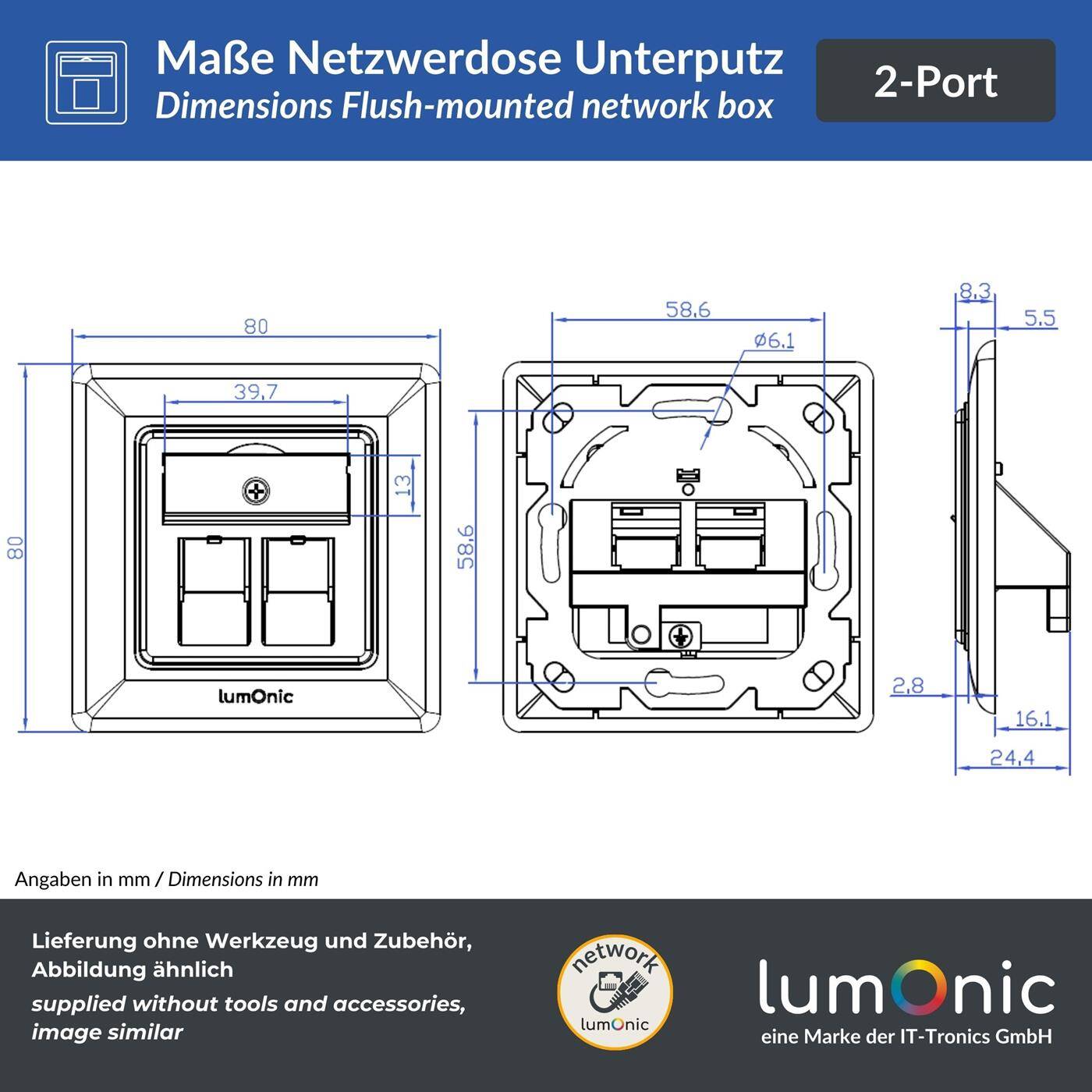 Lumonic Keystone-Rahmen Unterputz | 2-Port |  | ABS Kunststoff | für Keystone RJ45, HDMI, USB  Module