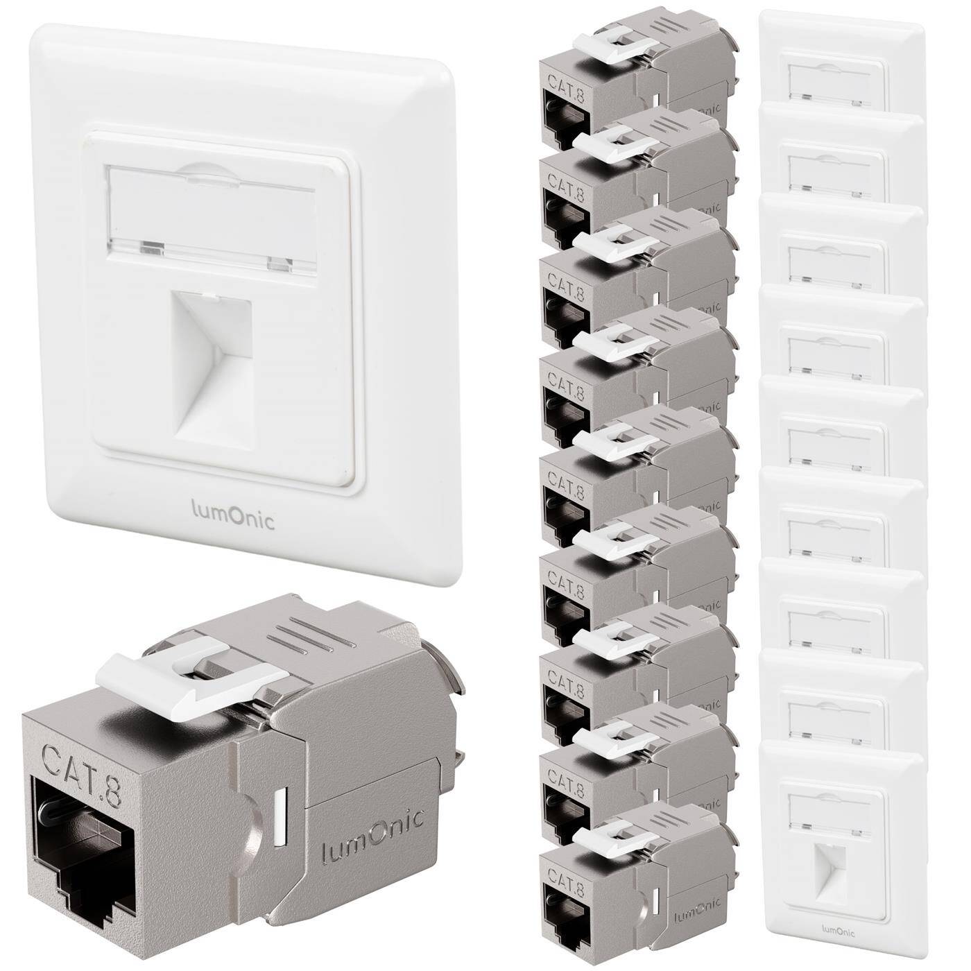 Lumonic 10er Set Keystone-Rahmen Unterputz inkl. CAT8 Modul | 1-Port Snap-In I werkzeuglose Keystone Montage | Ethernet bis zu 40 Gbit/s AWG22-24 | RJ45 vollgeschirmt |