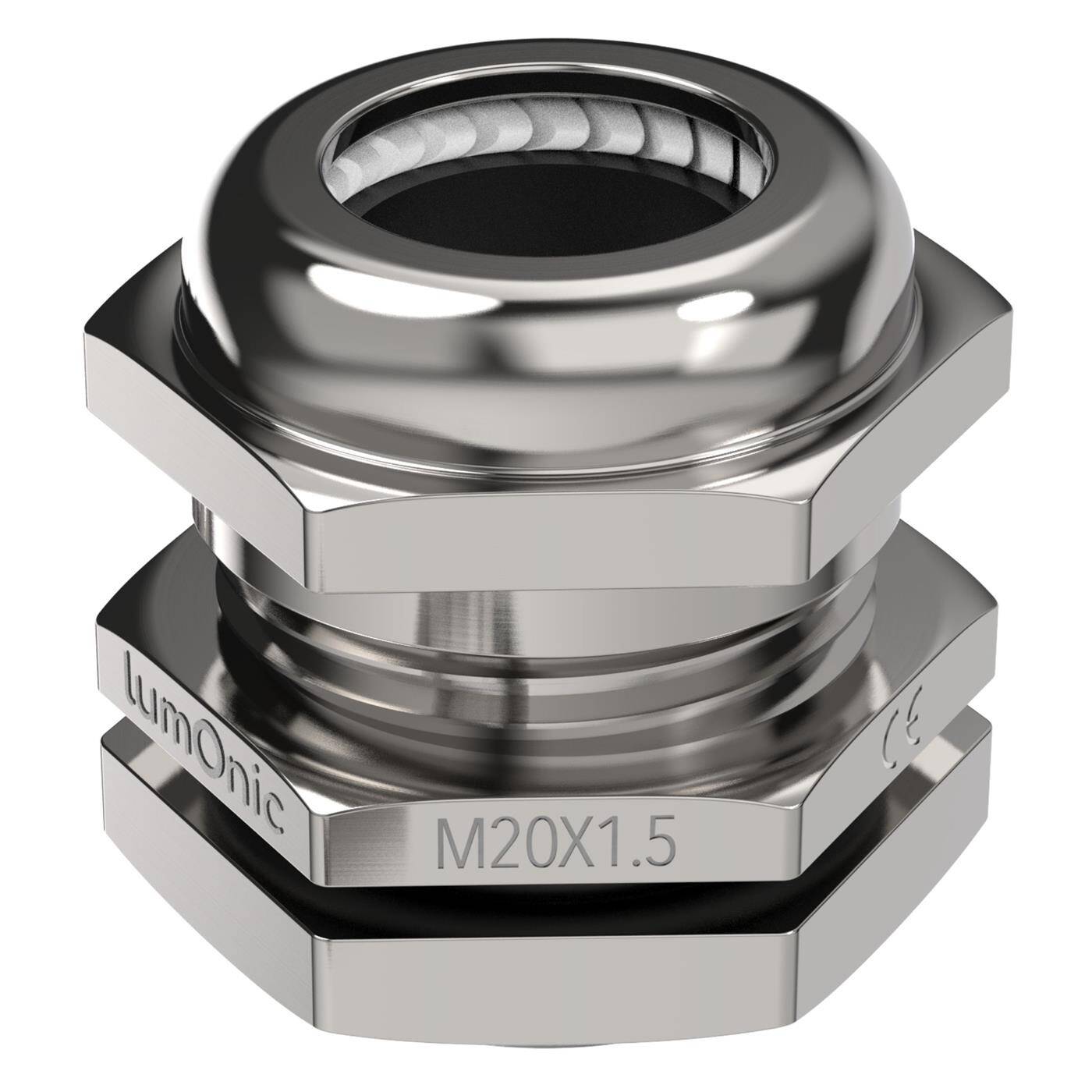 Kabelverschraubung Metall M20, Klemmbereich 6-12mm, IP68, mit Gegenmutter, Messing vernickelt, EMV, -40…+100°C, entspricht PG13,5