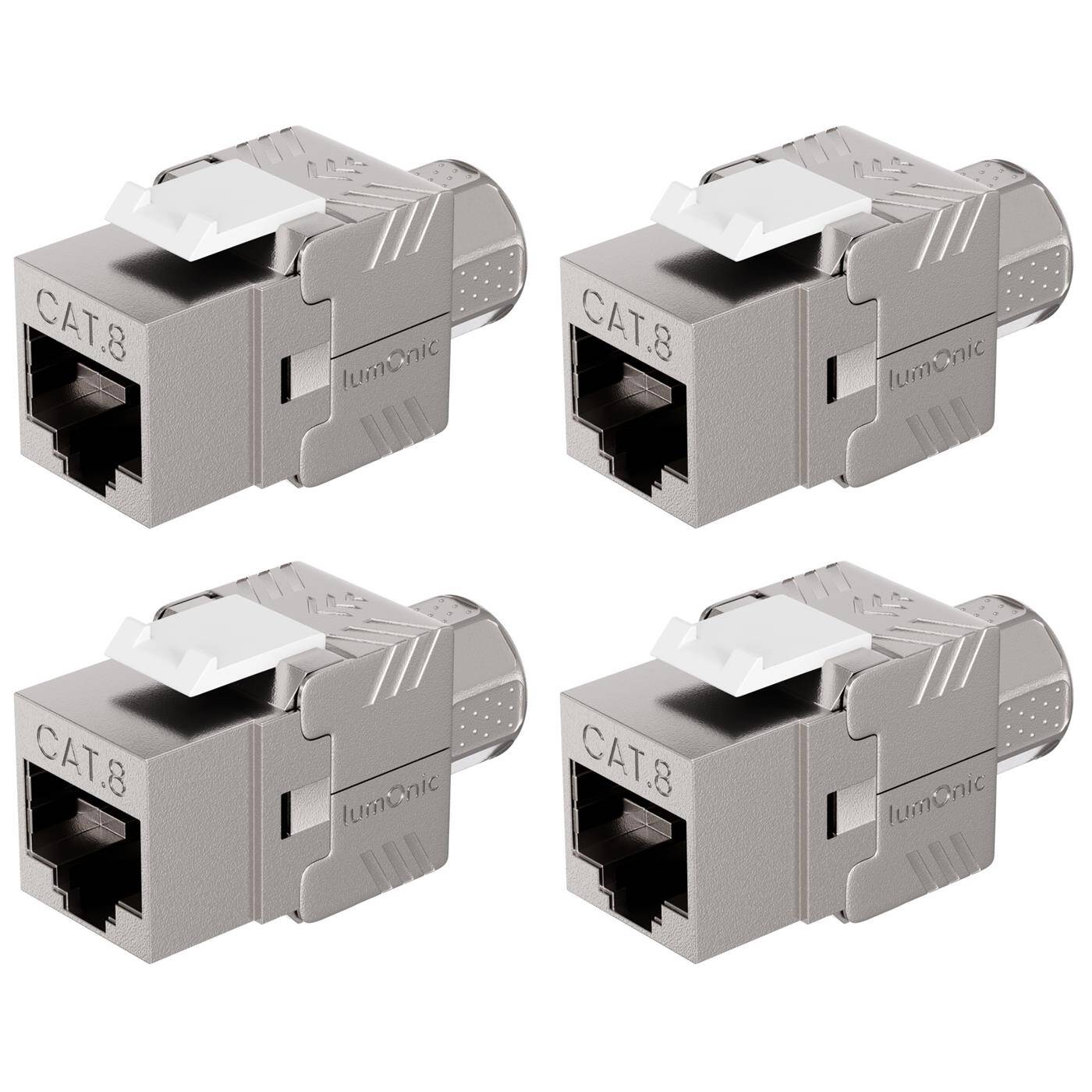 4er Set Premium Keystone RJ45 CAT8.1, einfache, werkzeuglose Montage, T568A/B farbcodiert, für Wanddose & Patchpanel, PoE, bis 40Gbit/s, 360° Schirmung, Zugentlastung durch Überwurfmutter, Metallgehäuse, Jack Modul