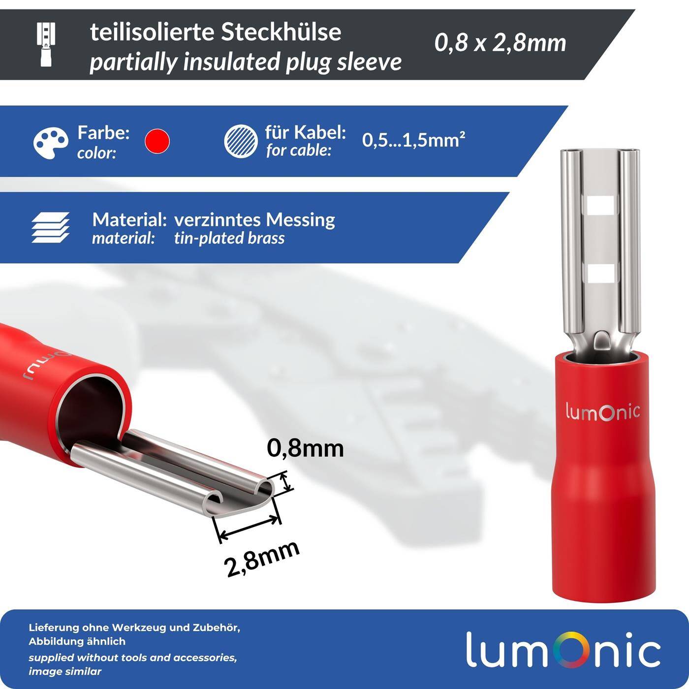 25x Flachsteckhülse teilisoliert 0,5-1,5mm² Steckmaß 0,8x2,8mm Rot für Flachstecker Messing verzinnt