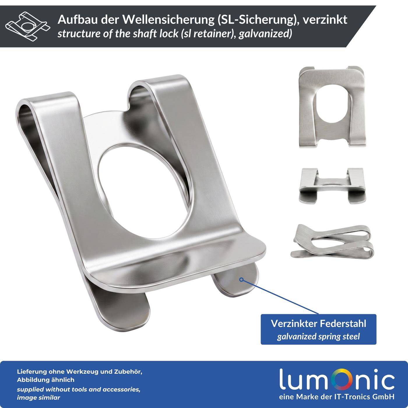 Lumonic 10 Stück SL-Sicherungen für Welle und Bolzen, Ø 14 mm - Sicherungsscheibe für genutete Wellen, Federstahl verzinkt, werkzeuglose Montage, für Garagentor und Rasenmäher