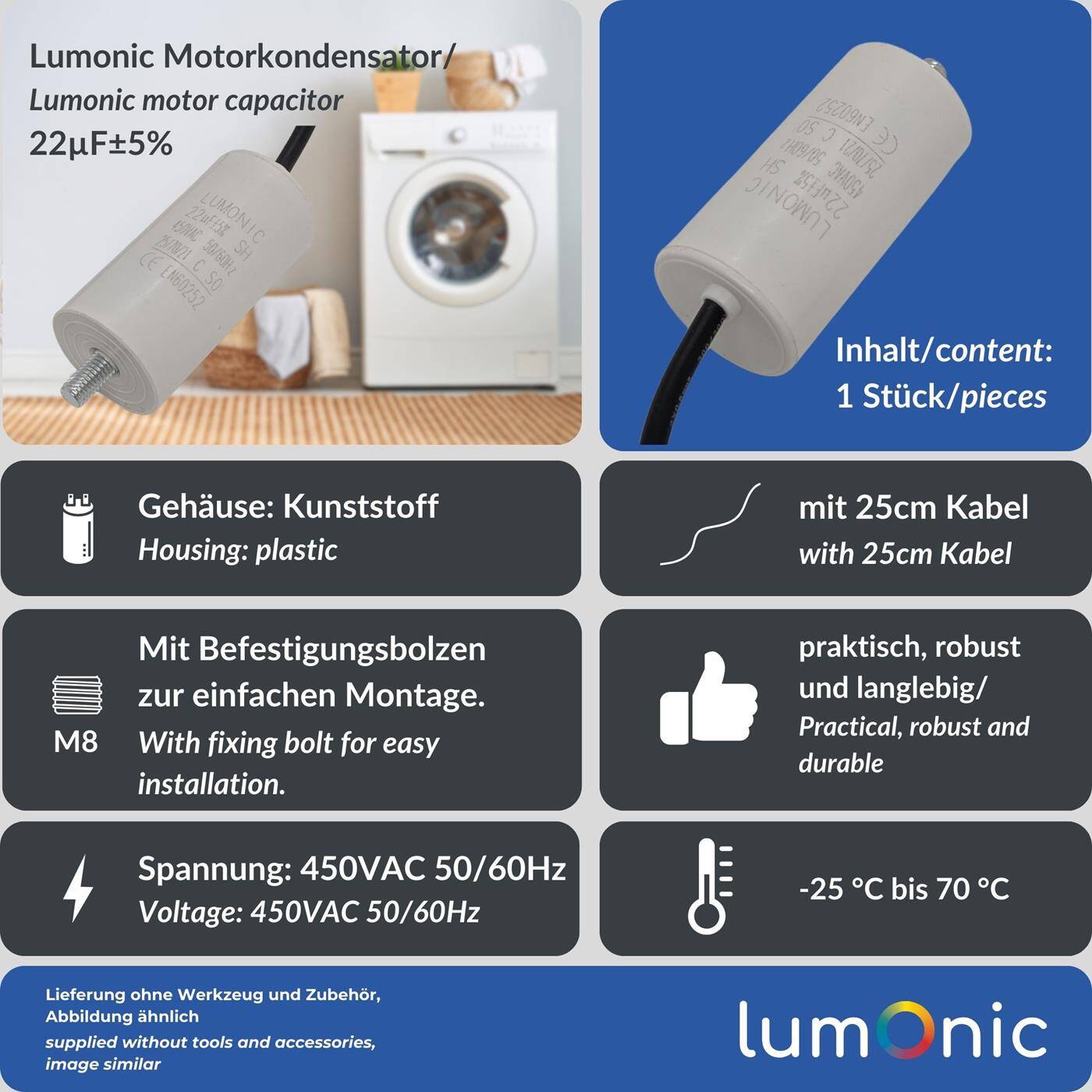 Lumonic Anlaufkondensator 22µF 450V | mit Kabel I 38x75mm I 22uF I Motorkondensator mit Kunststoffgehäuse I Betriebskondensator I für Pumpen, Rasenmäher, Werkzeuge