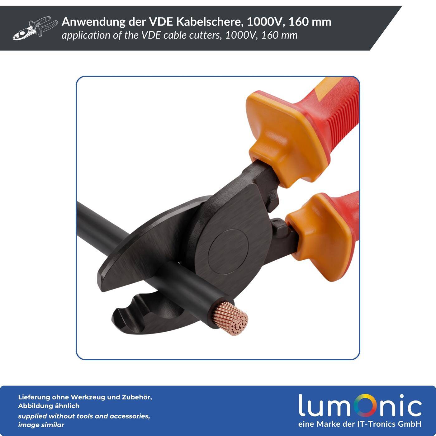 Lumonic VDE Cable Cutters 1000V, up to 22 mm², 160 mm - Hardened cutting edges, 60CrV steel, two-component handle, for supply cables in distribution systems and service connections