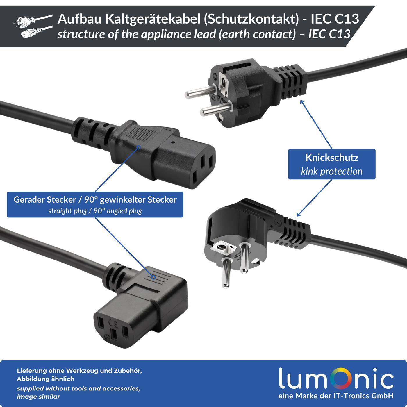 Lumonic Kaltgerätekabel Schuko auf C13, Schwarz 3 m, 230 V - Für PC, Monitor und NAS, klassischer Kaltgeräteanschluss C13, Knickschutz gegen Kabelbruch