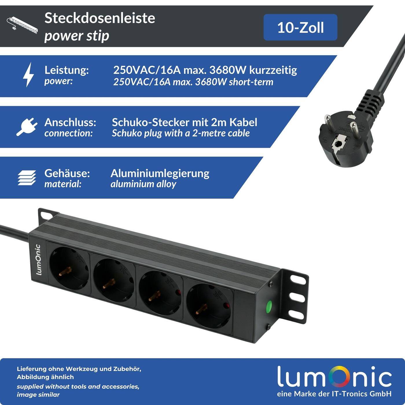 Lumonic 10" socket strip | PDU 4-fold | without switch | 1U, aluminum alloy, black | 2m connection cable 3G1.5 | 45° Schuko socket outlet | short term max. 3680W | Rack, server cabinet
