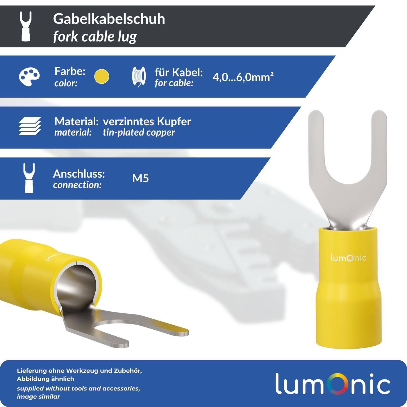 Lumonic 25x Gabelkabelschuh 4,0-6,0mm² teilisoliert | M5 | Kupfer verzinnt | sichere Kabelverbindung ohne Löten | Set mit 25 Stück Crimp-Kabelschuh, Quetschverbinder | KFZ, Maschinenbau, Wohnmobil, Batterie