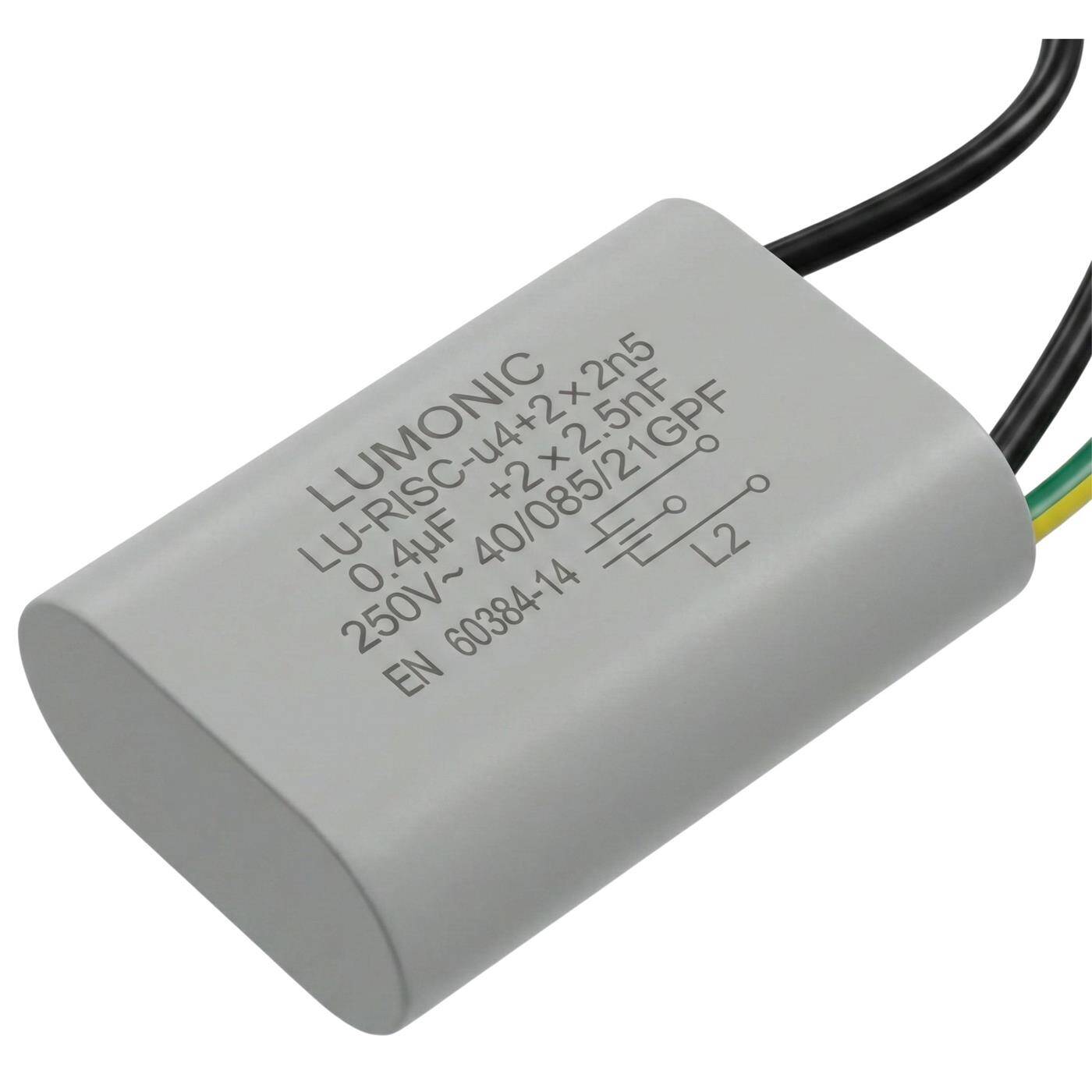Lumonic I Interference suppression capacitor 0,4µF 2x2,5nF 250VAC I 42x30x14mm I -40...+85° I 3 Connection cable I  I 0,4uF I EMC capacitor I for household appliances, power tools, building technology, industrial applications, LED