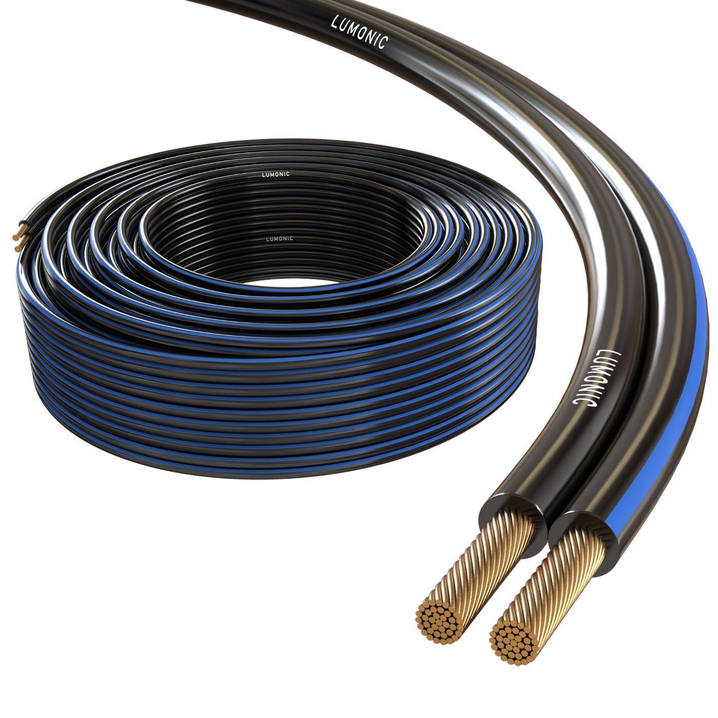 Lumonic Speaker cables | 50m Black | 2x 0,5mm² CCA | Blue marking HiFi speaker cable | Audio twin line