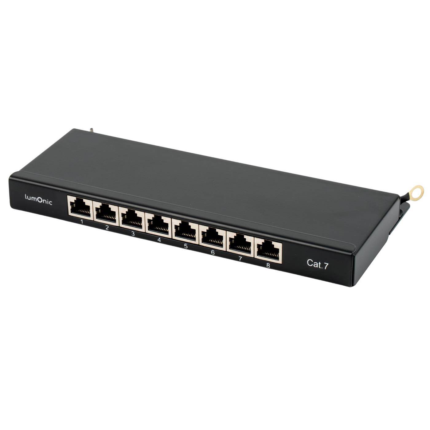 Lumonic 10" Patchpanel Desktop CAT7 | 8 Port, kompakte 0,5HE | LSA-Montage, T568A/B farbcodiert | freistehend, Wandmontage | geschirmtes schwarzes Patchfeld | 10 Gbit/s + PoE