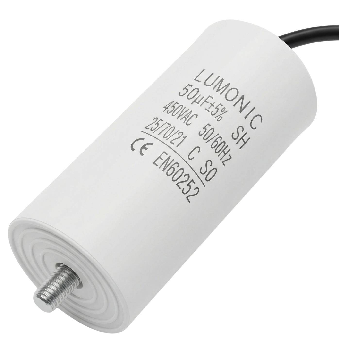 Lumonic Anlaufkondensator 50µF 450V | mit Kabel I 45x100mm I 50uF I Motorkondensator mit Kunststoffgehäuse I Betriebskondensator I für Pumpen, Rasenmäher, Werkzeuge
