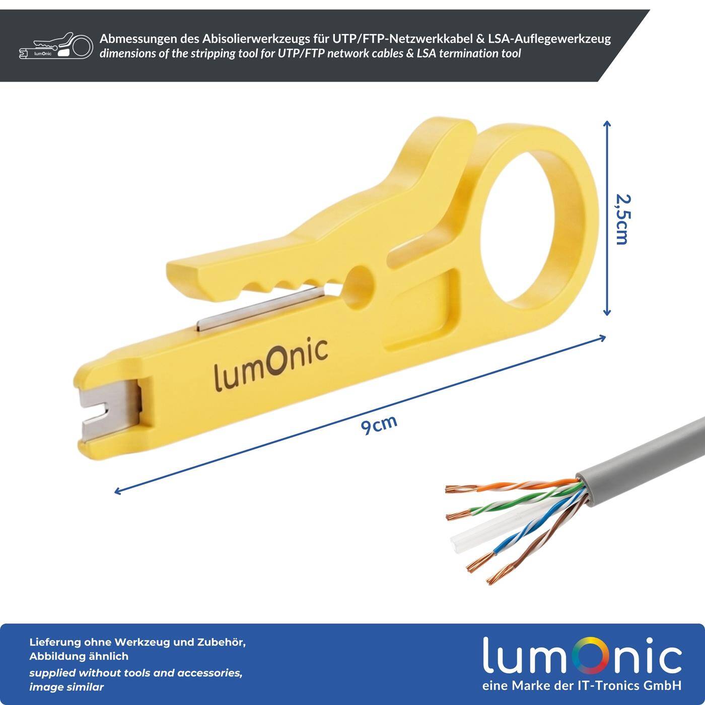 Lumonic Abisolierwerkzeug für UTP/FTP-Netzwerkkabel & LSA-Auflegewerkzeug - Kabel-Abisolierer, Netzwerkwerkzeug, auch als LSA-Auflegewerkzeug, CAT5e/CAT6, Mini, gelb, Patchpanel, RJ45