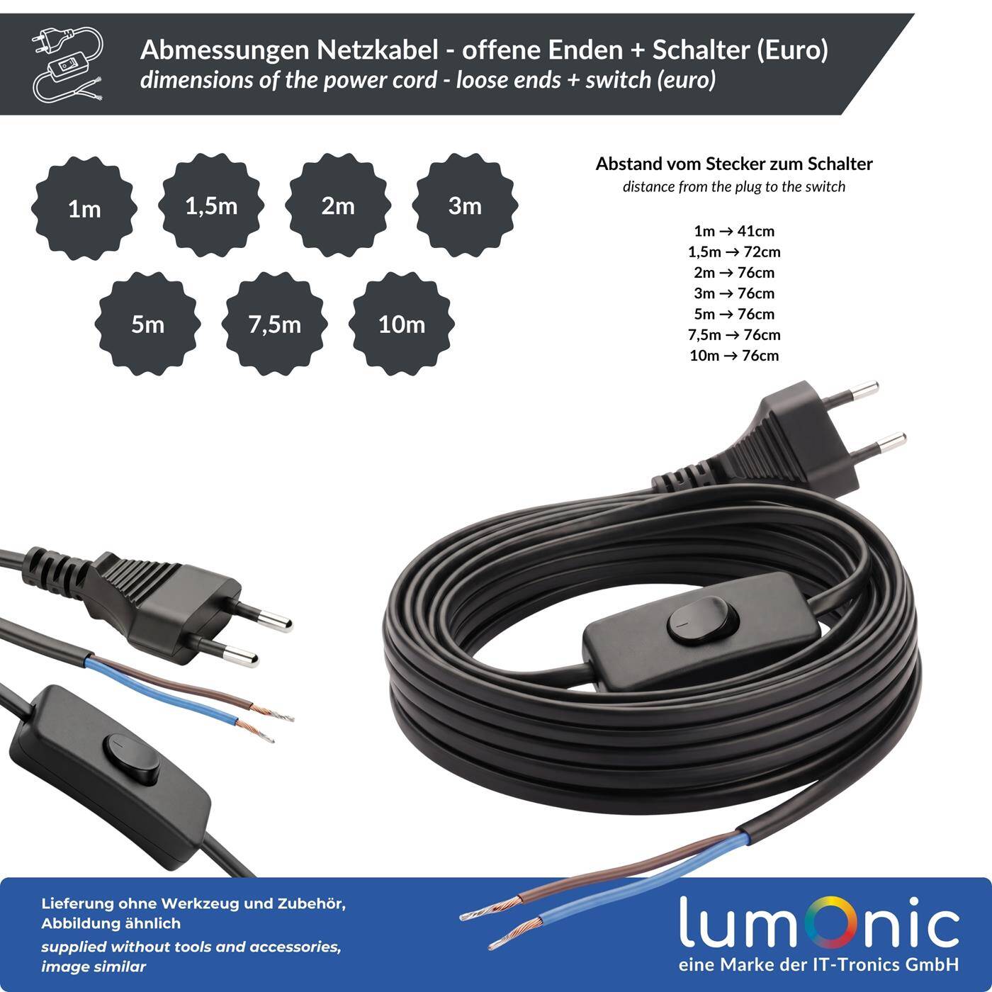 Lumonic Euro Power Cord with Switch and Open Ends, Black, 3 m, 230 V — Switch located directly on the cord makes it easy to turn lamps and decorations on and off; tinned open ends; kink protection on the Euro plug