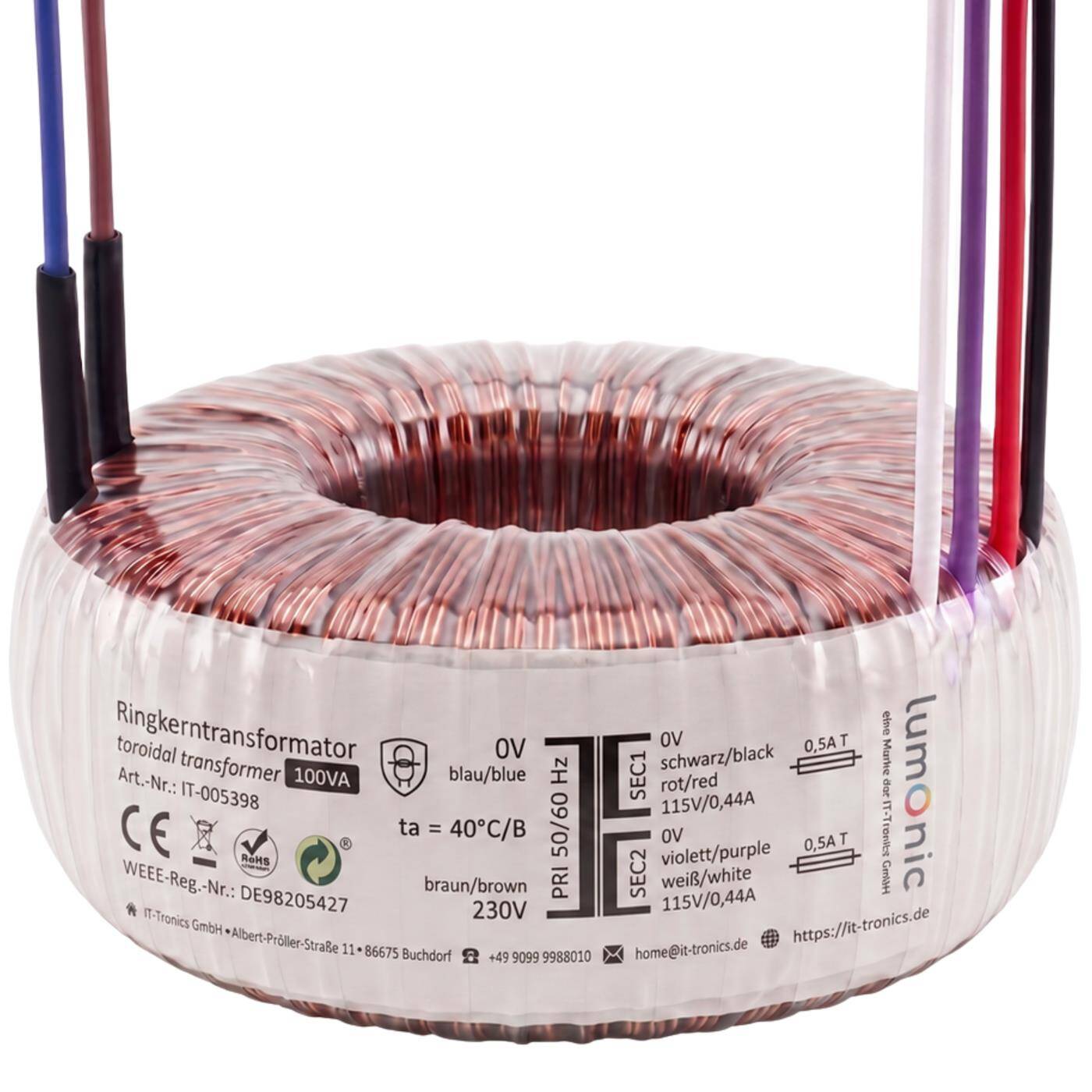 Lumonic Ringkerntrafo Transformator 100VA | Primär 230V AC | Sekundär 2x 115V AC oder 1x 230V AC | Brummarm | Transformator für HiFi Audio Verstärker