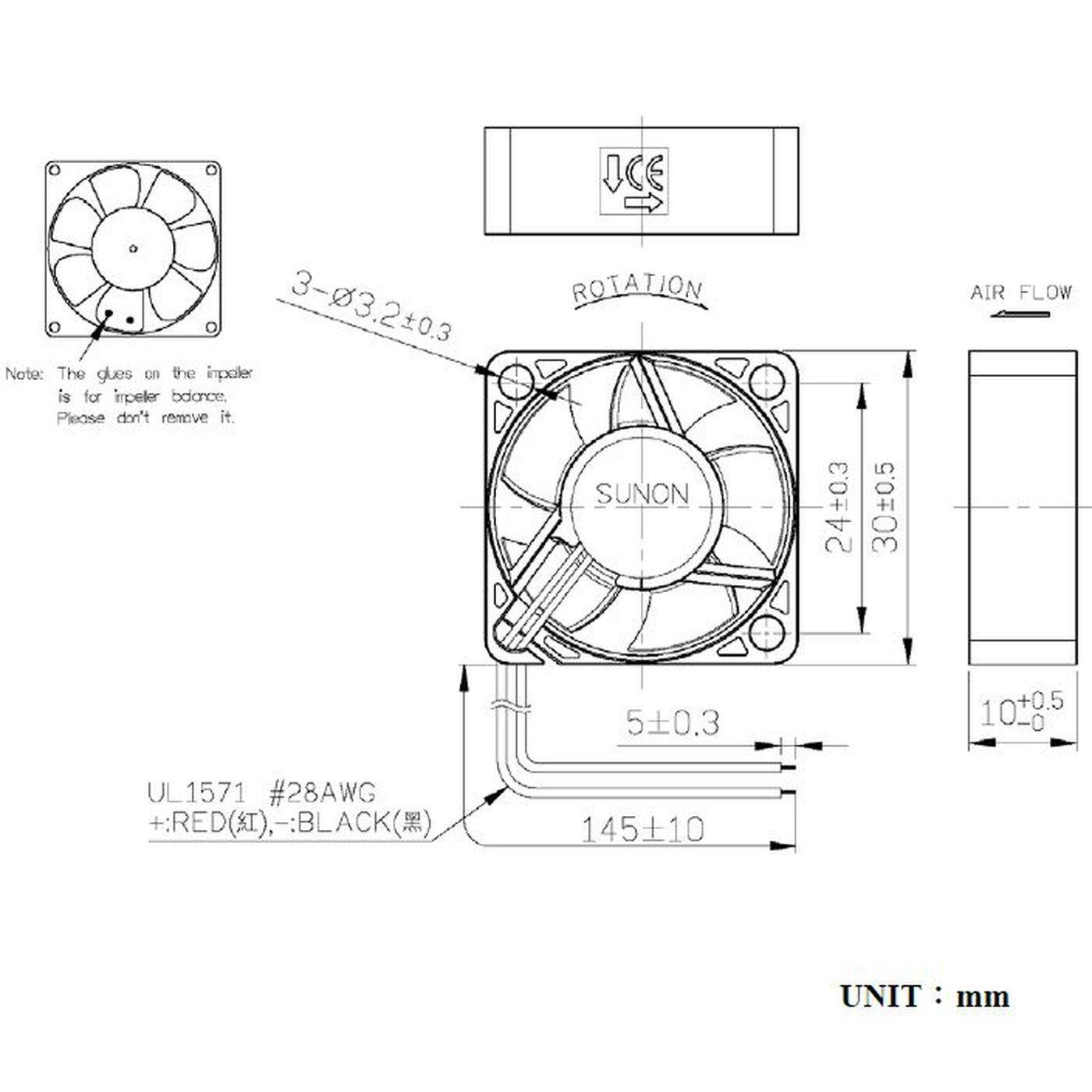 Fan 5V DC 0,4W 30x30x10mm 8m³/h 9500U/Min 8m³/h Sunon MF30100V21000UA99