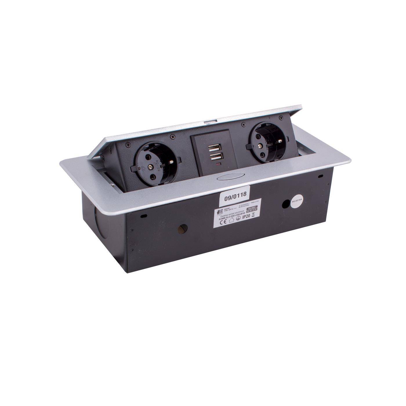 Lumonic KombiBox 2x Schuko Steckdose + 2x USB 2,4A Tischsteckdose Aluminium I 2 Steckdosen mit 230V im Tower max. 3600W I Mit Bohrloch-Größe 230x116mm Ideal für den Einbau