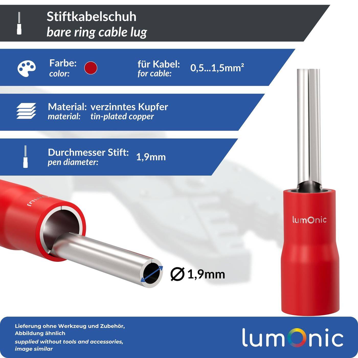Lumonic 25x Stiftkabelschuh 0,5-1,5mm² Rot | Kupfer verzinnt | sichere Kabelverbindung ohne Löten | Crimp-Kabelschuh ideal für Lüsterklemmen | KFZ, Maschinenbau, Wohnmobil