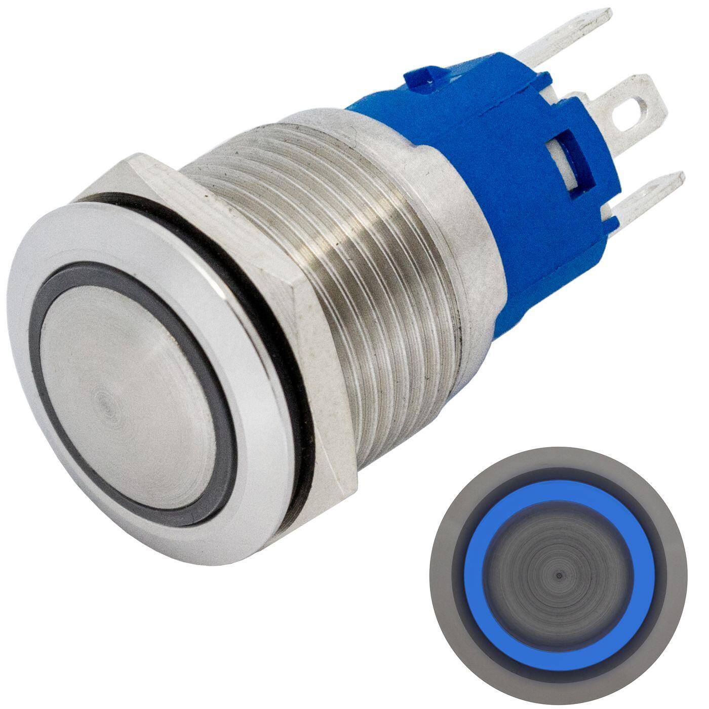 Edelstahl Drucktaster gewölbt Ø19mm Ring LED Blau IP65 2,8x0,5mm Pins 250V 3A Vandalismussicher
