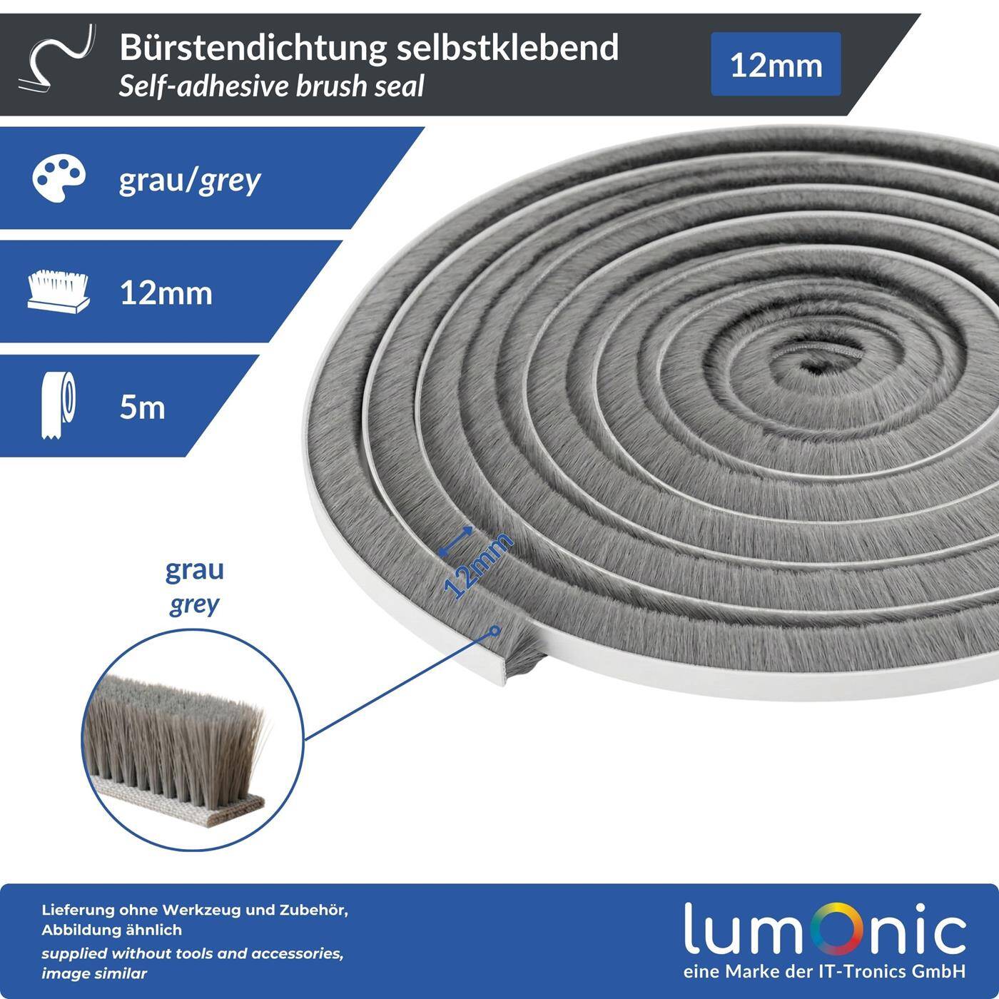 Lumonic 5m Bürstendichtung grau 12mm | Selbstklebend + Zuschneidbar | Zugluftstopper, Kälteschutz, Insektenschutz für Fenster, Türen, Schrank