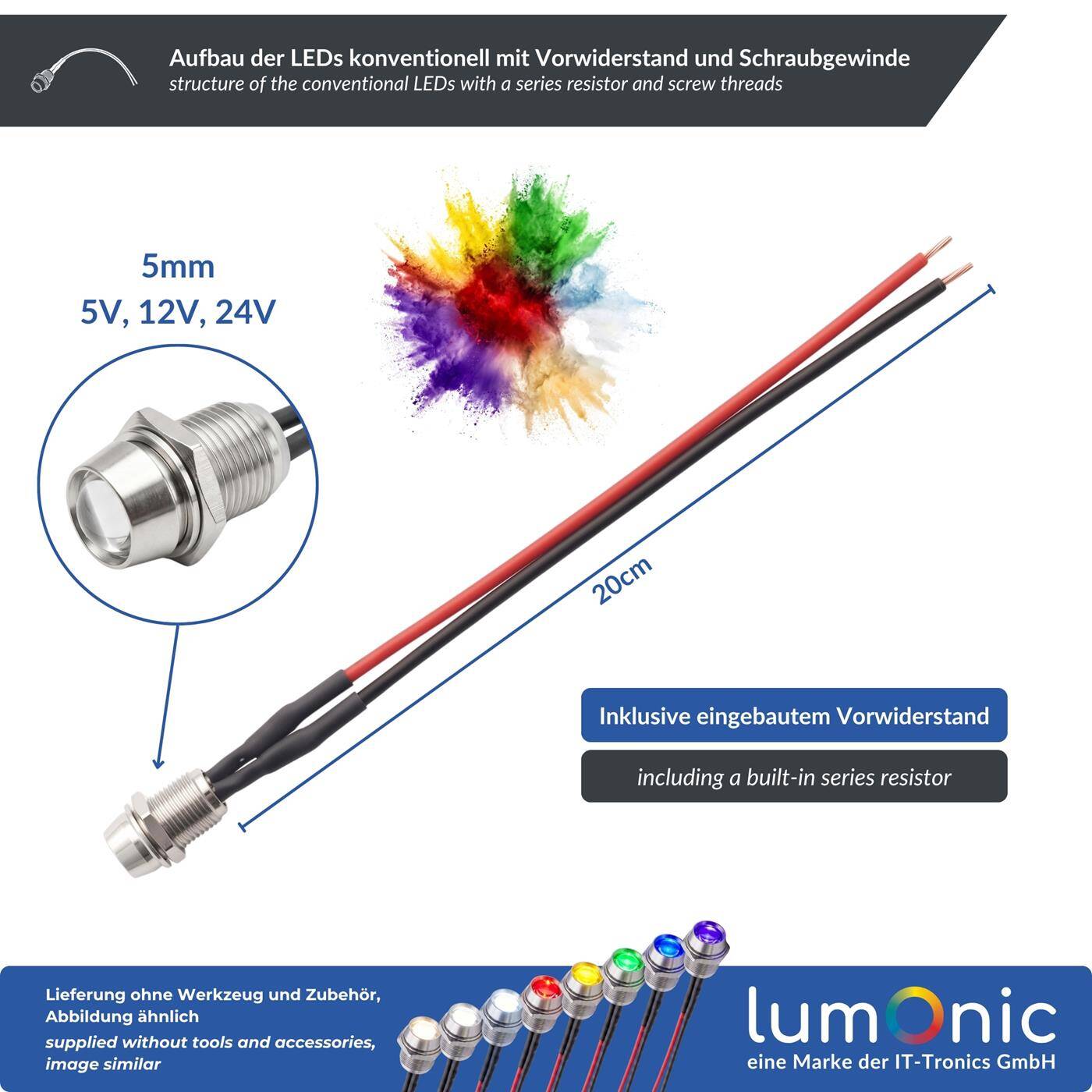 Lumonic 10x Superhelle Schraub LEDs mit Vorwiderstand für 24V Anwendungen - High Power LEDs mit Anschlusskabel zum selber Löten DIY in Farbe Grün - Durchmesser: 5mm
