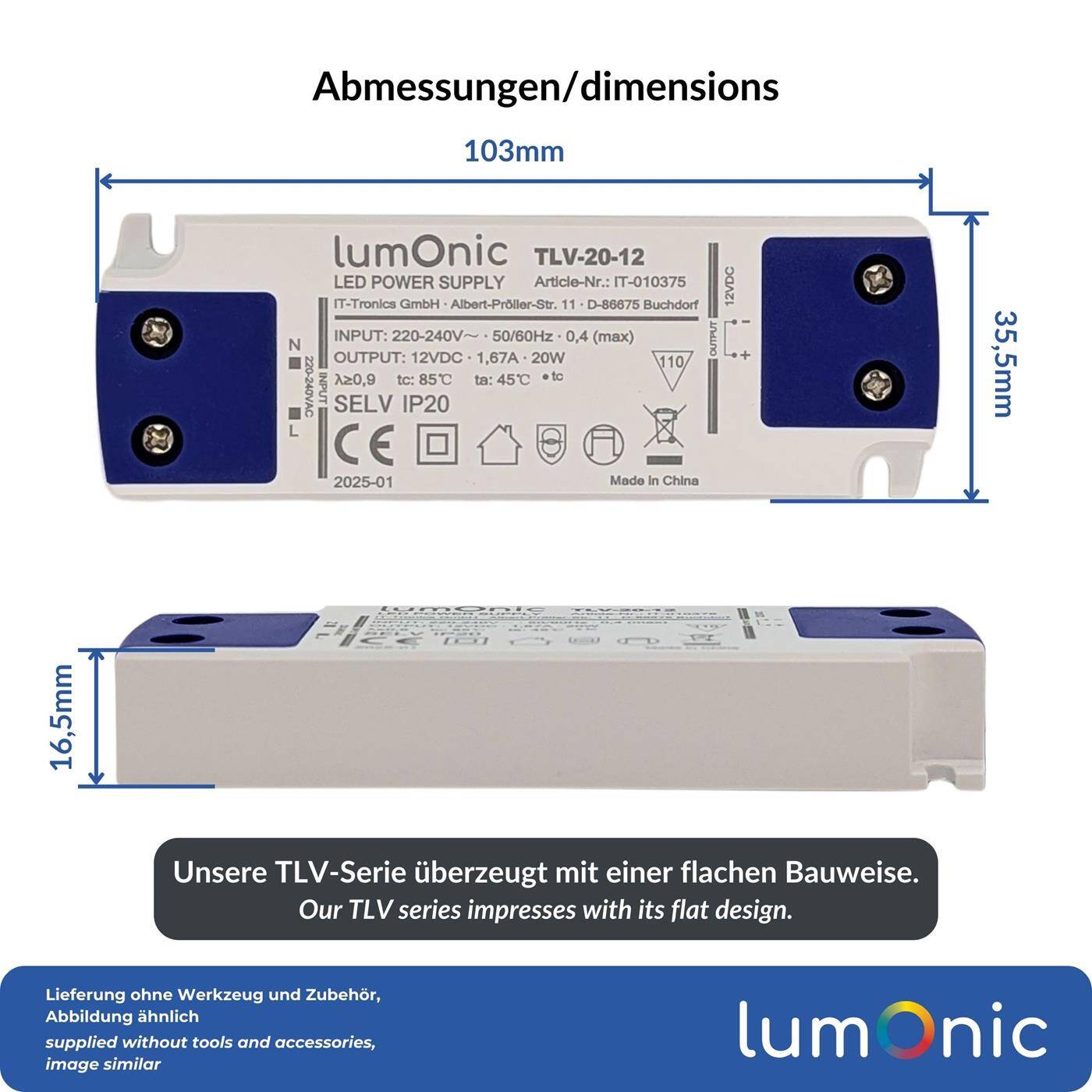 Lumonic I LED Trafo TLV-20-12 I 12V 20W I Input 220-240VAC I flimmerfrei & ultradünn I Überlastschutz I LED-Netzteil I für LED-Beleuchtung & LED-Streifen