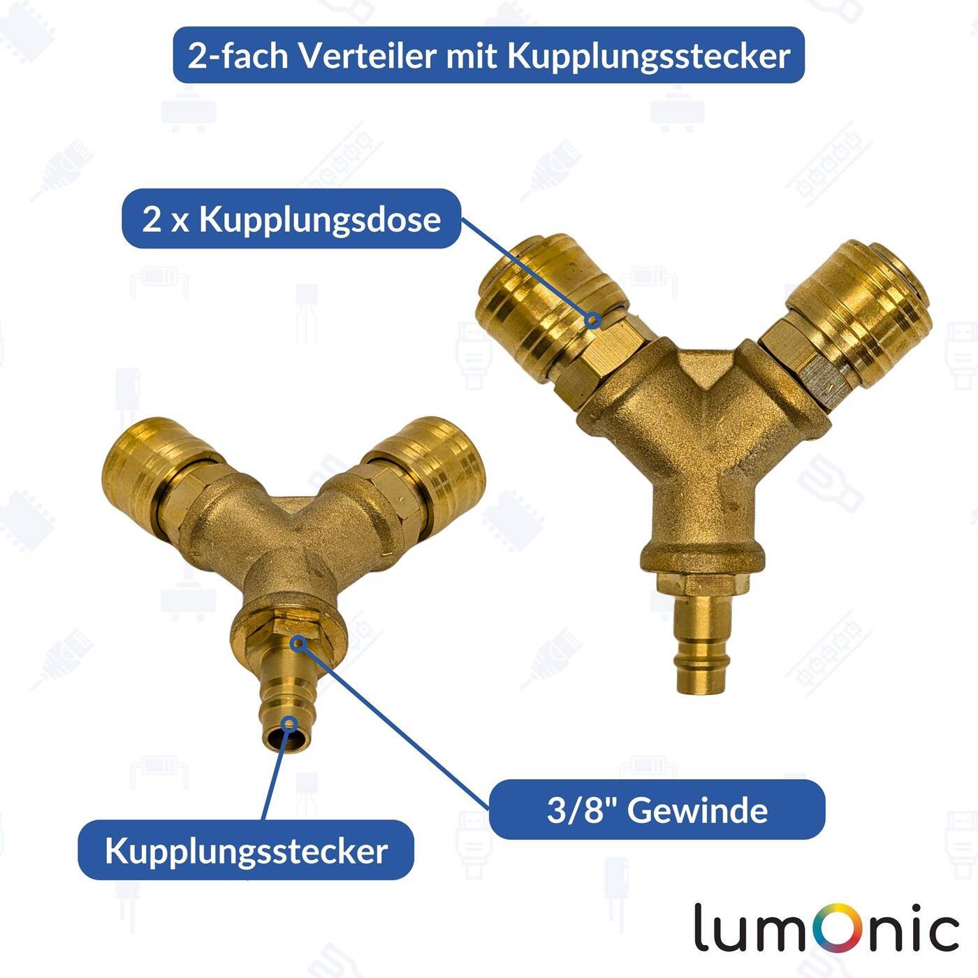Druckluftverteiler 2-fach komplett mit Kupplungs-Stecker aus Messing Innengewinde 3/8" Druckluftweiche Schnellkupplung Mehrfachverteiler für Werkstätten, Betriebe und Heimwerker
