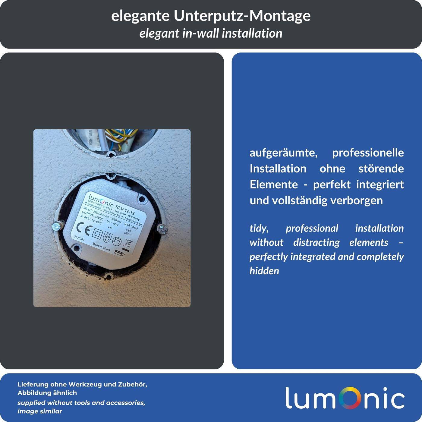 Lumonic I LED flush-mounted power supply unit RLV-12-24 I 24V 12W I Input 220-230VAC I flicker-free I Overload protection I Compact LED power supply unit I for LED lighting | Doorbell