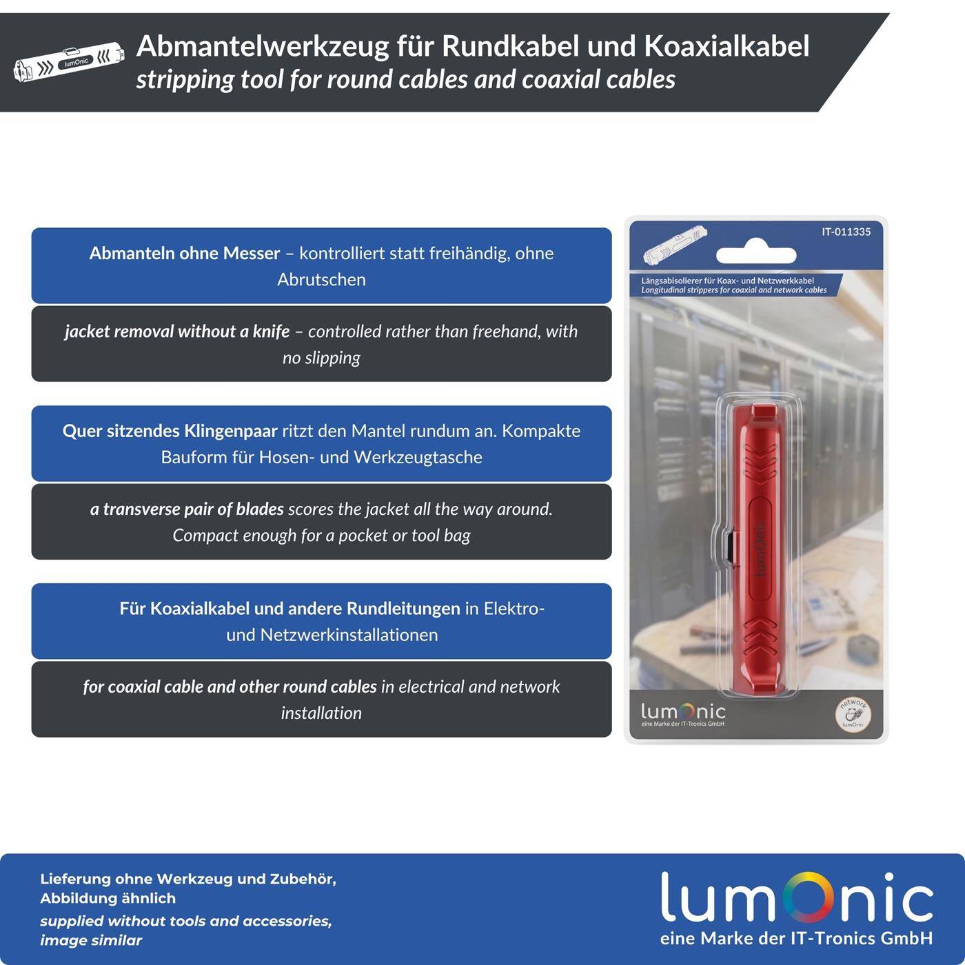 Lumonic Abmantelwerkzeug für Rundkabel und Koaxialkabel - Rundum-Anritzen mit quer sitzendem Klingenpaar, für Koaxialkabel und andere Rundkabel, Metallklingen, kompakte Bauform
