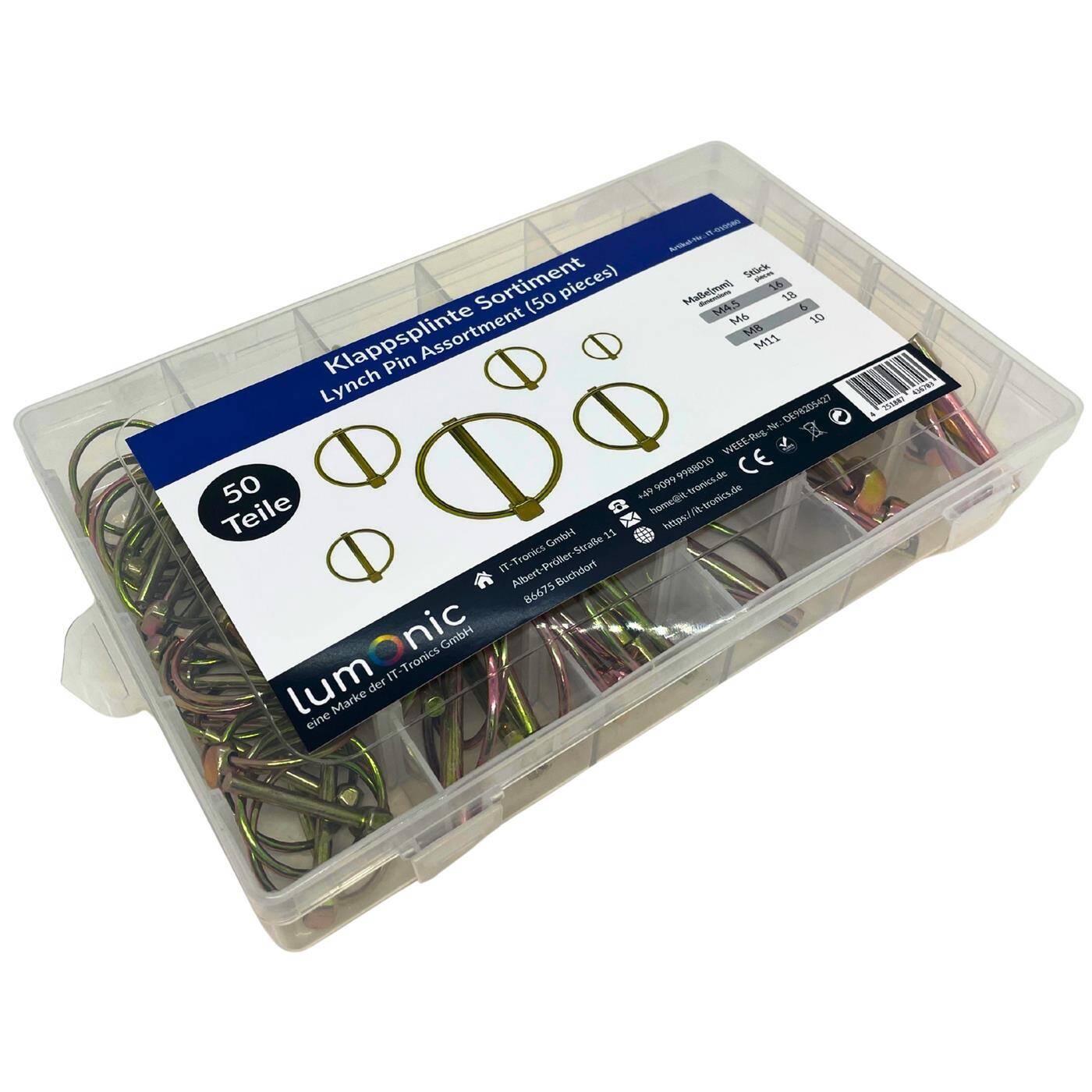 Folding pin range, 50 parts, 4 sizes M4,5-M11, Lynch Pin Quick-release fastener galvanized steel, Reusable without tools, in practical assortment box