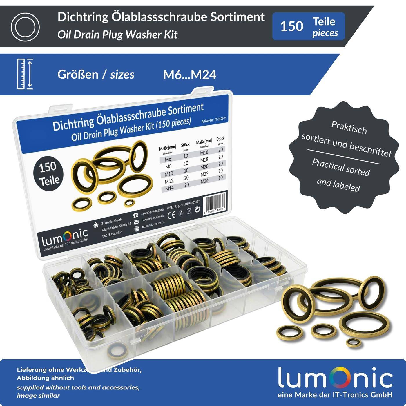 Lumonic Dichtring für Ölablassschrauben Sortiment | 150 Teile, 10 Größen M6-M24 | KFZ Ölwechsel Dichtringe | Bonded Seals | in praktischer Sortimentsbox