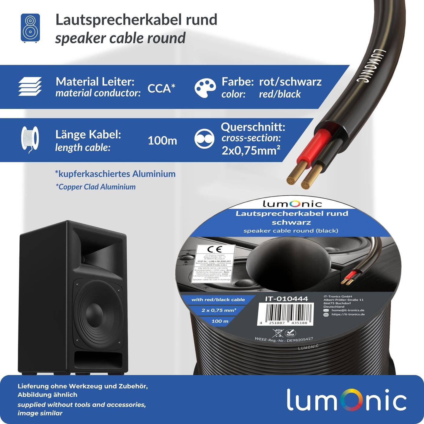Lumonic Lautsprecherkabel 100m Schwarz  | 2x 0,75mm² CCA | HiFi Boxenkabel | Audio Rundkabel | Profi PA Installations- Audio- Rundkabel