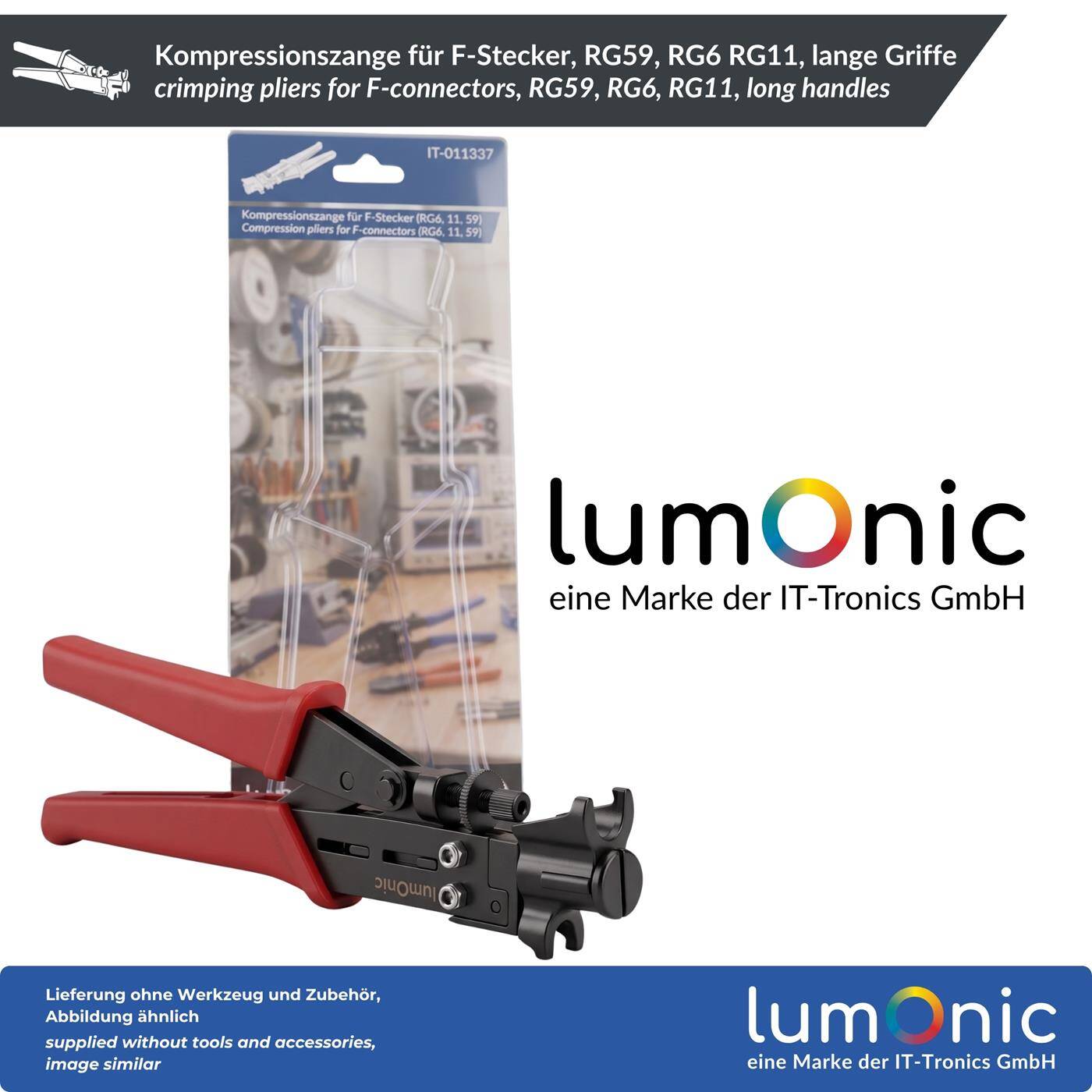 Lumonic Compression Pliers for F-Connectors, RG59, RG6, RG11, Long Handles - Adjustment Wheel for RG59, RG6, and RG11, Axial Compression, Metal, Longer Handles, for Coaxial Cables, Satellite Cables, Splitters