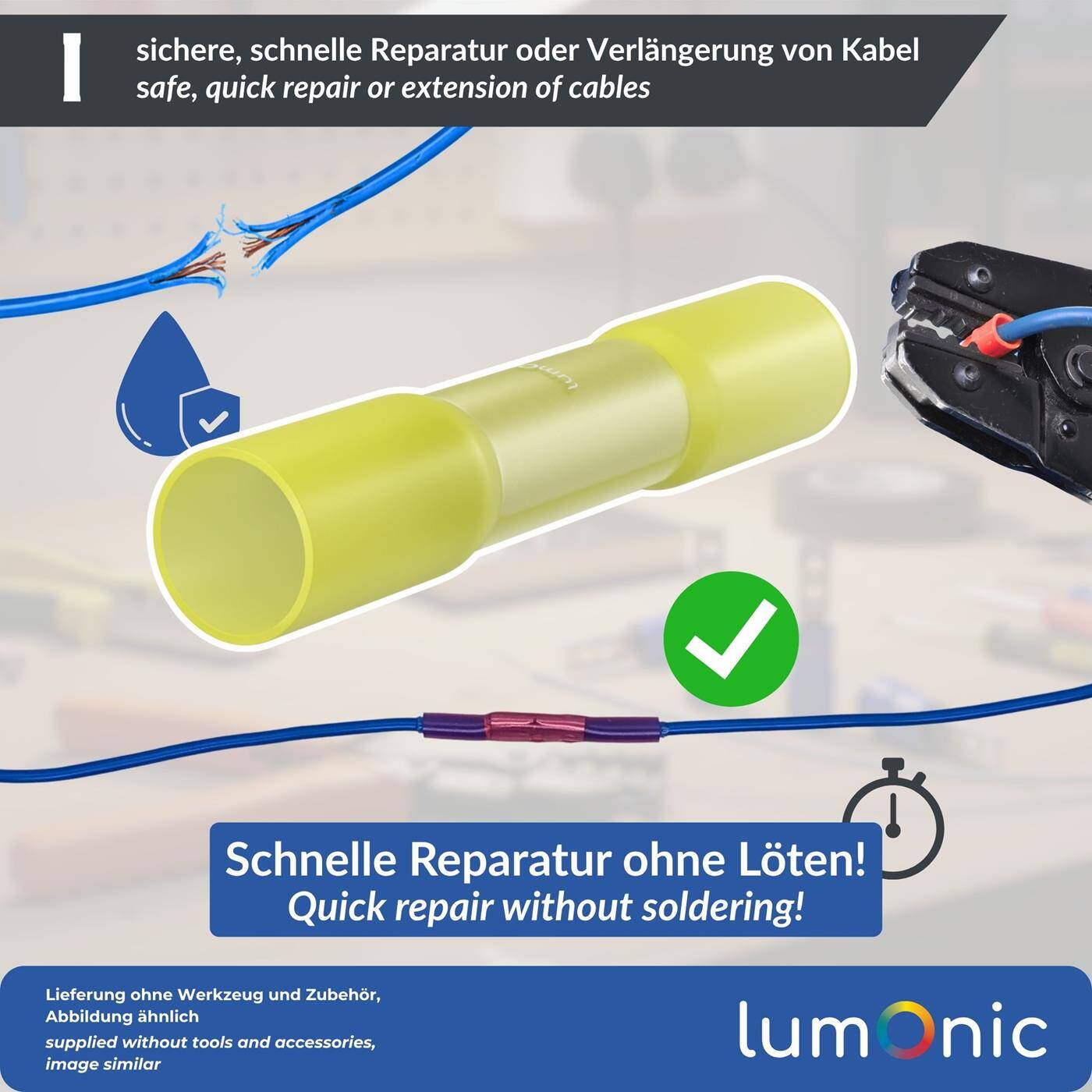 Lumonic 25x Shrink-fit butt connectors Waterproof | 4-6mm² Yellow | without soldering | Cable connector with heat-shrink tubing + adhesive for automotive, garden &amp; electrical applications | for cable repair