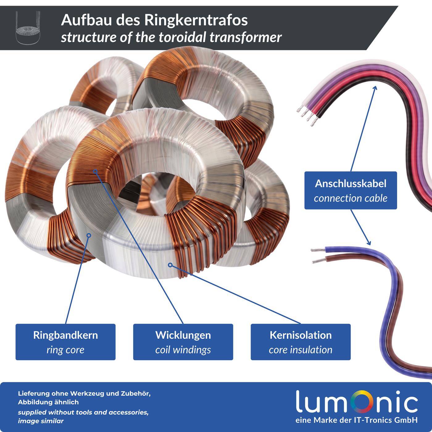Lumonic Ringkerntrafo Transformator 50VA | Primär 230V AC | Sekundär 2x 24V AC oder 1x 48V AC | Brummarm | Transformator für HiFi Audio Verstärker