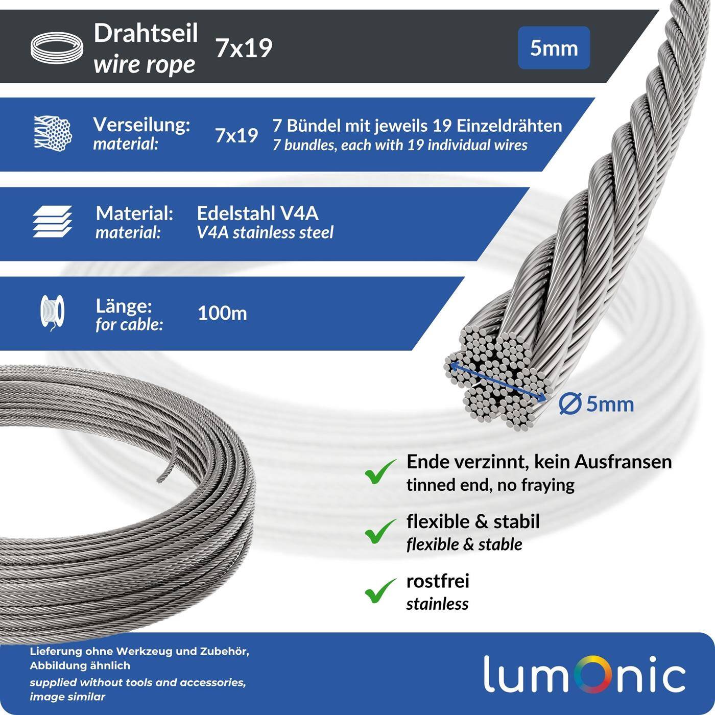 Lumonic Drahtseil 7x19 |  100m Ø5mm| V4A Edelstahl rostfrei | Stahlseil mit verzinnten Enden | für Rankhilfe, Wäscheleine, Lampen, Sichtschutz, Sonnensegel